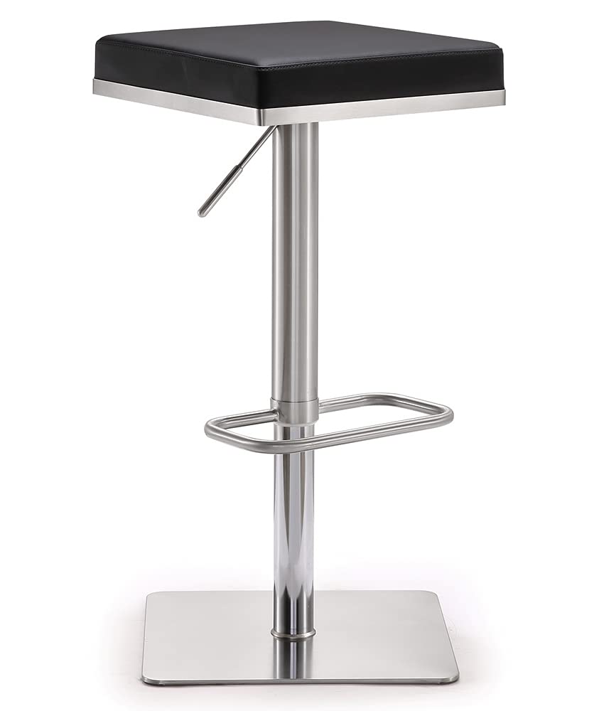 Tov Furniture Bari Adjustable Height Bar Stool - Stainless Steel Frame, Black PU Seat - Perfect for Kitchen Island, Home Bar & Counter Height Dining