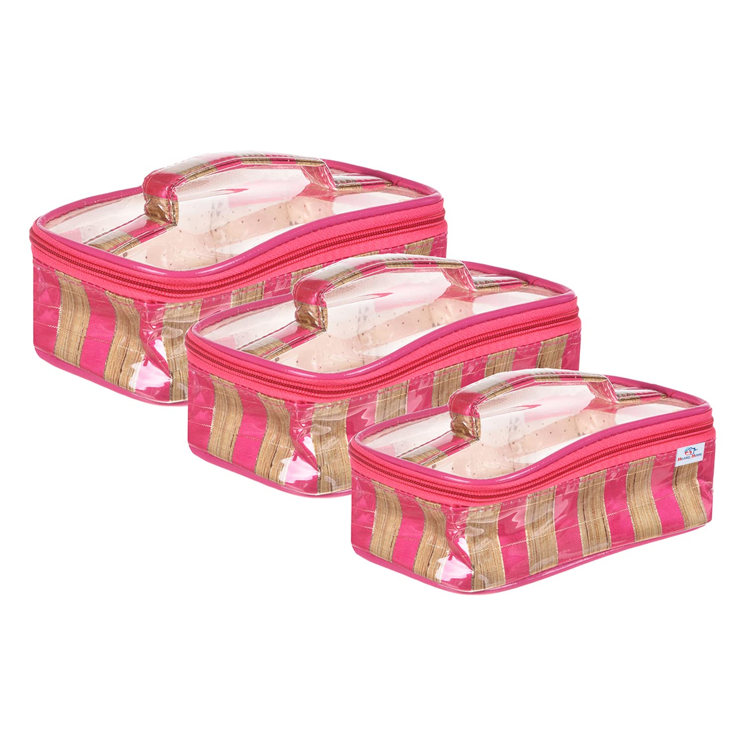 **Heart Home Makeup Kit | Silk Laminated Fabric Cosmetic Bag for Women | 3-Piece Travel Toiletry Set with Handle | Pink | Perfect for Travel, Gym & Daily Organization**