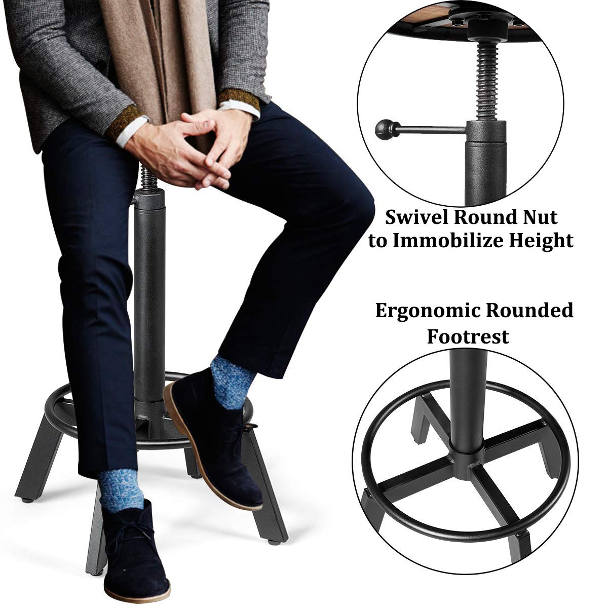 LOKKHAN Industrial Bar Stool Set of 2 - Adjustable Height Swivel Counter Stools 17