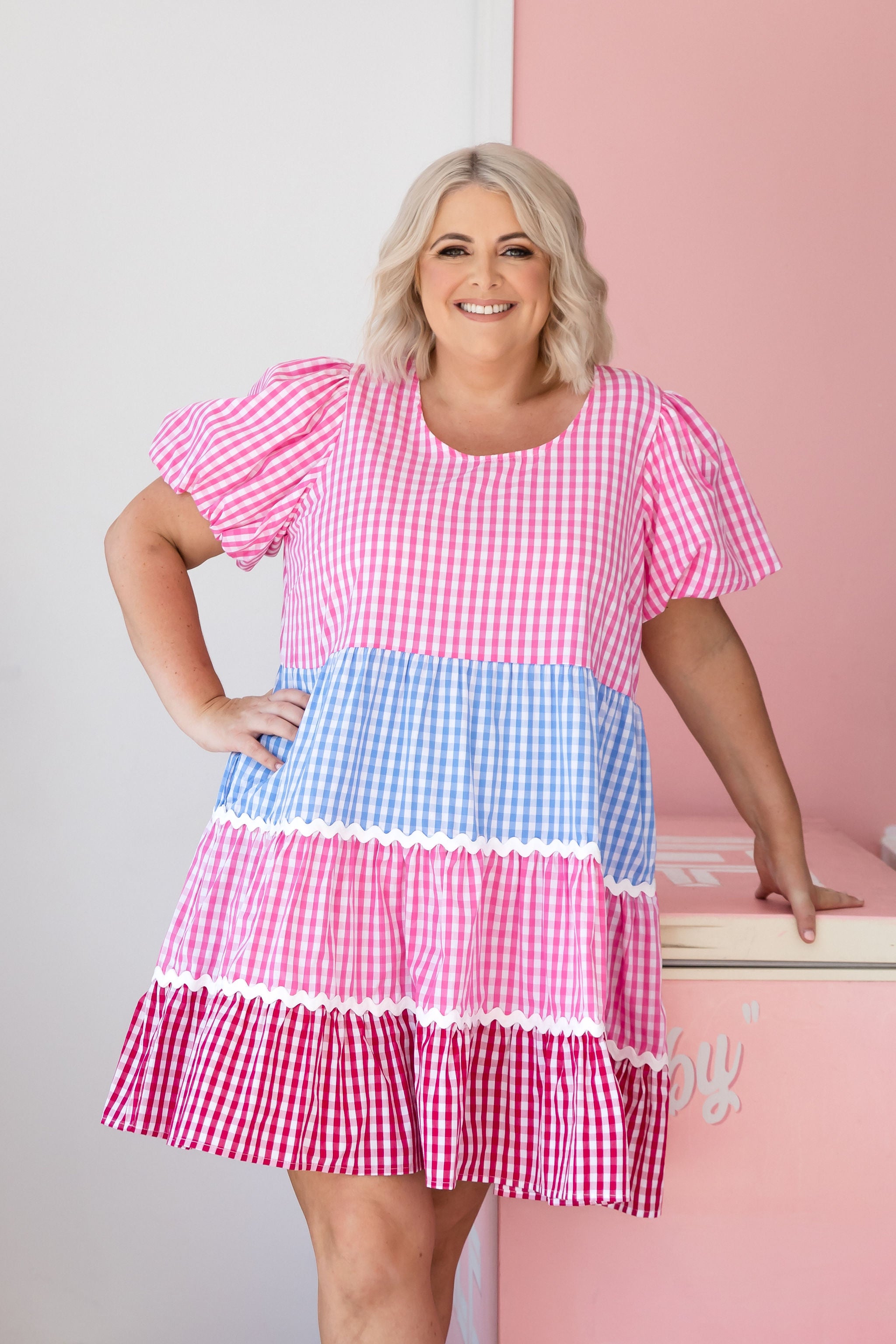 Greta Party Dress in Gingham Mix - Stylish Floral Print Women's Party Gown for Cocktail, Wedding & Special Occasions
