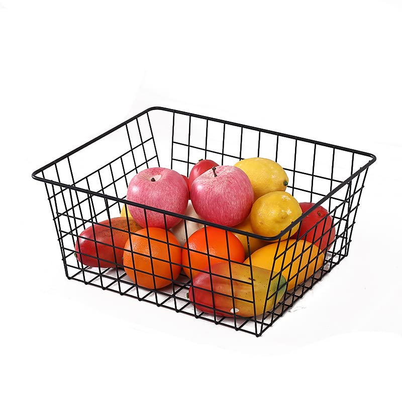 Farmhouse Style Metal Wire Baskets - Kitchen & Pantry Storage Organizer with Built-in Handles for Refrigerator, Cabinet, Bathroom Organization (Black) | Perfect for Fruit, Vegetable Storage & Home Decor