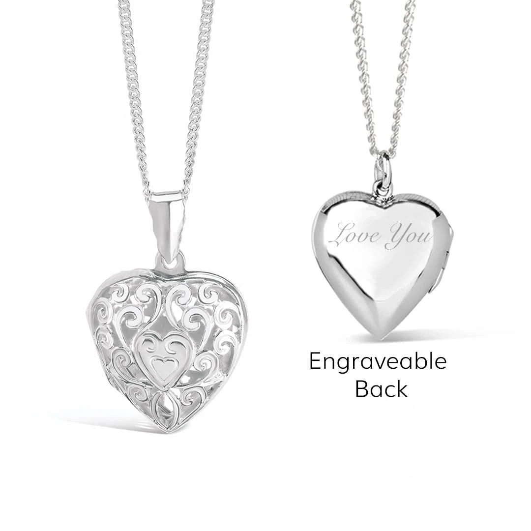 Elegant Filigree Heart Locket Necklace in Sterling Silver - Custom Photo Insert & Engraving - Perfect for Valentine's Day Gifts & Anniversary Presents