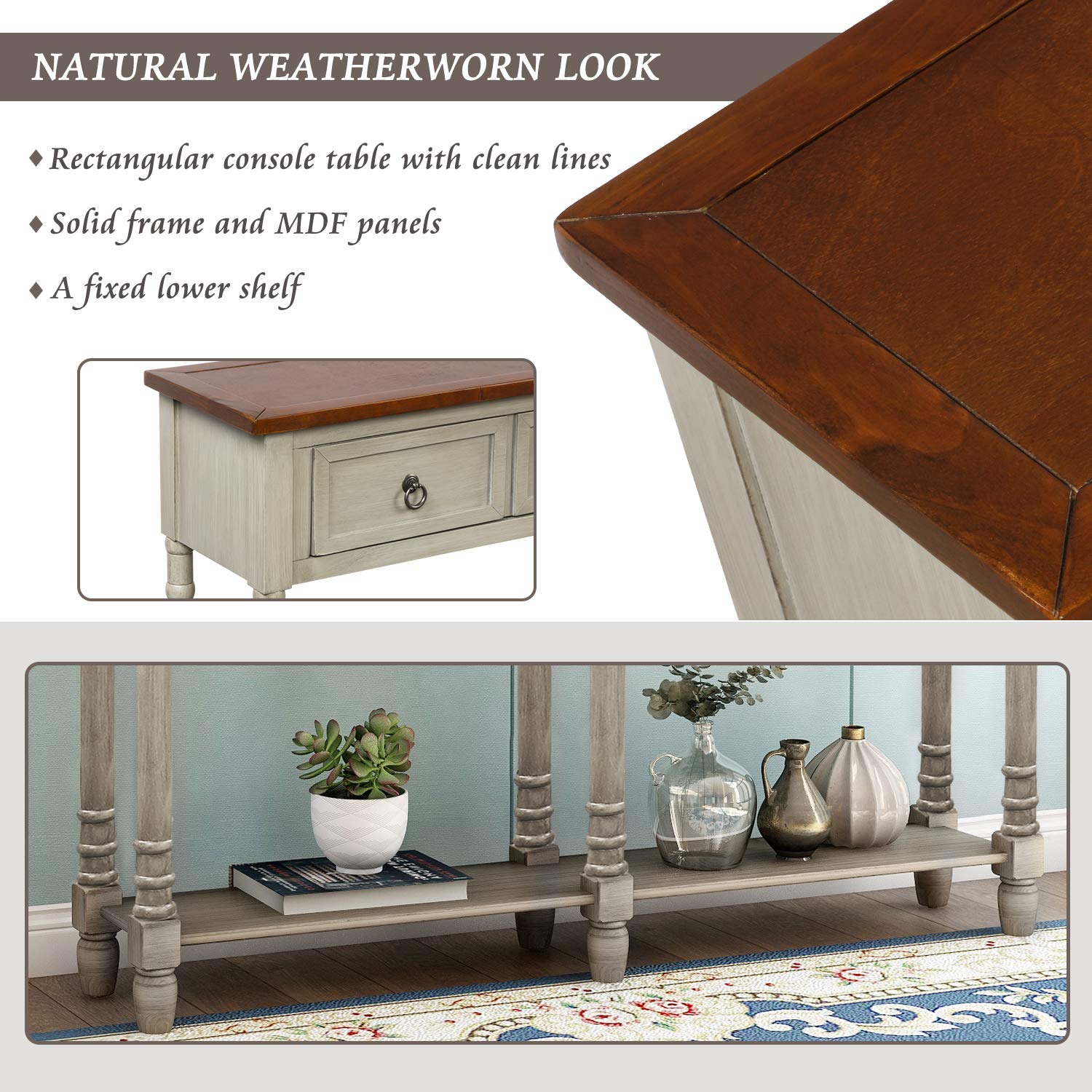 Solid Wood Console Sofa Table with 2 Large Storage Drawers, Rustic Entryway Table with Open Shelf - Modern TV Stand for Living Room, Bedroom & Entryway (Gray, Large) - Perfect for Small Space Organization & Home Decor