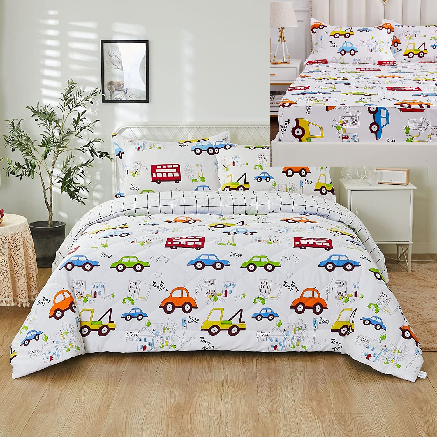 Brandream 7-Piece Kids Comforter Set Queen Size - 100% Cotton Boys Bedding Set with Cars & Trucks Design - Perfect for Boys' Room Decor, Birthday Gifts & Cozy Sleep