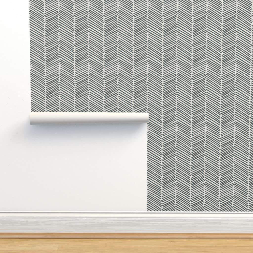 Premium Commercial Grade Chevron Zigzag Gray Herringbone Arrow Pattern Wallpaper - Large Slate Natural Traditional Design by Spoonflower | Perfect for Home Offices, Libraries, and Modern Interior Decor