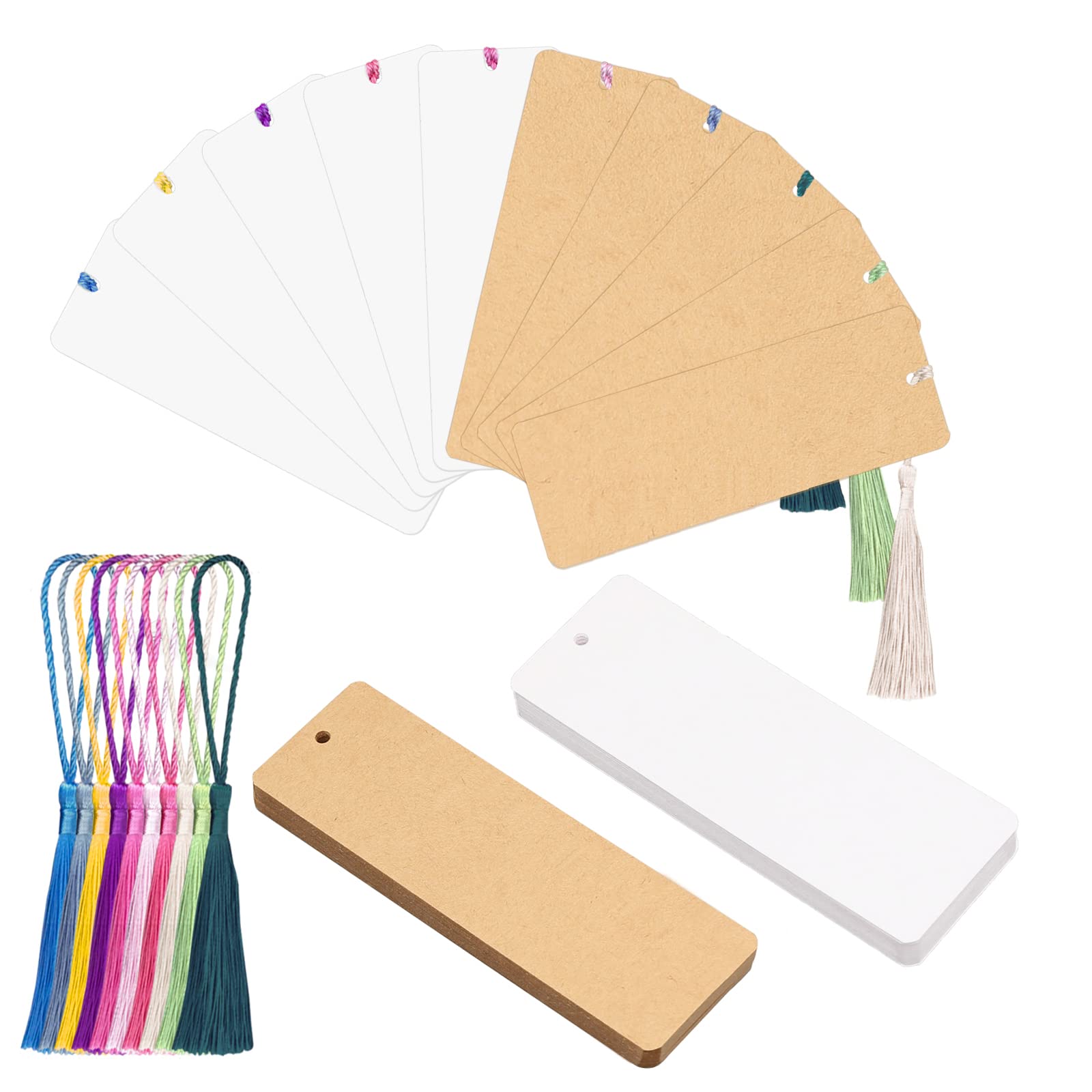 Premium WANDIC Blank Bookmarks Set - 60 White & Brown Cardstock Bookmarks with Holes + 60 Colorful Tassels for DIY Crafting, Scrapbooking, Journaling & Gift Making - Perfect for Book Lovers, Teachers & Students