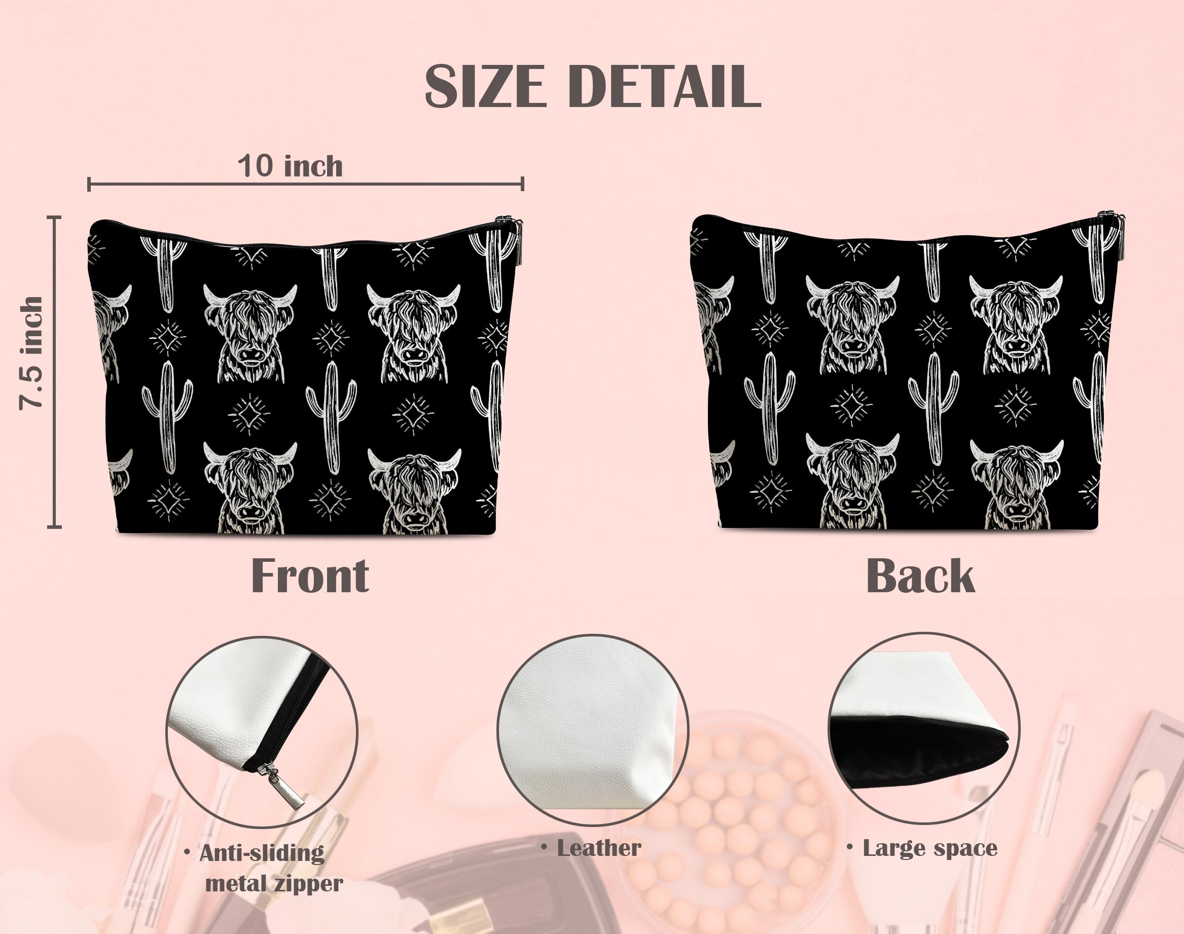 Cow Makeup Bag - Genuine Leather Cosmetic Pouch for Cowgirls, Western Style Gift for Women - Perfect for Travel, Gym & Everyday Use