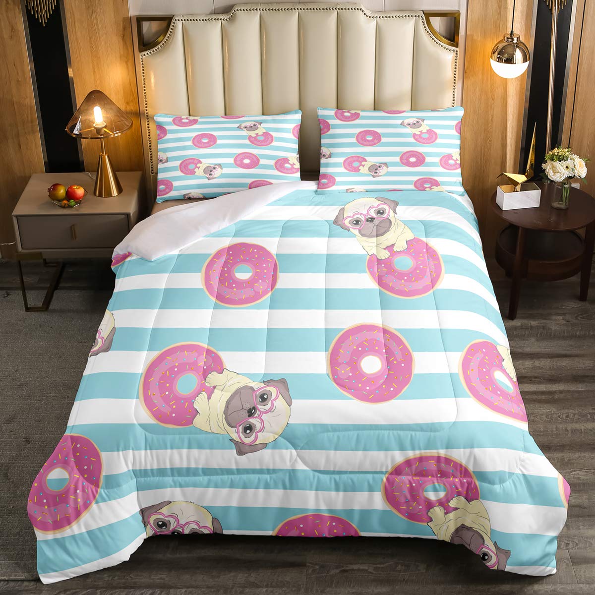 Cute Cartoon Pug & Donut Duvet Set - Twin Size Pet-Themed Bedding with Green Stripes | Soft Quilted Comforter for Kids, Boys & Girls | Perfect for Nursery, Bedroom Decor & Gift Giving