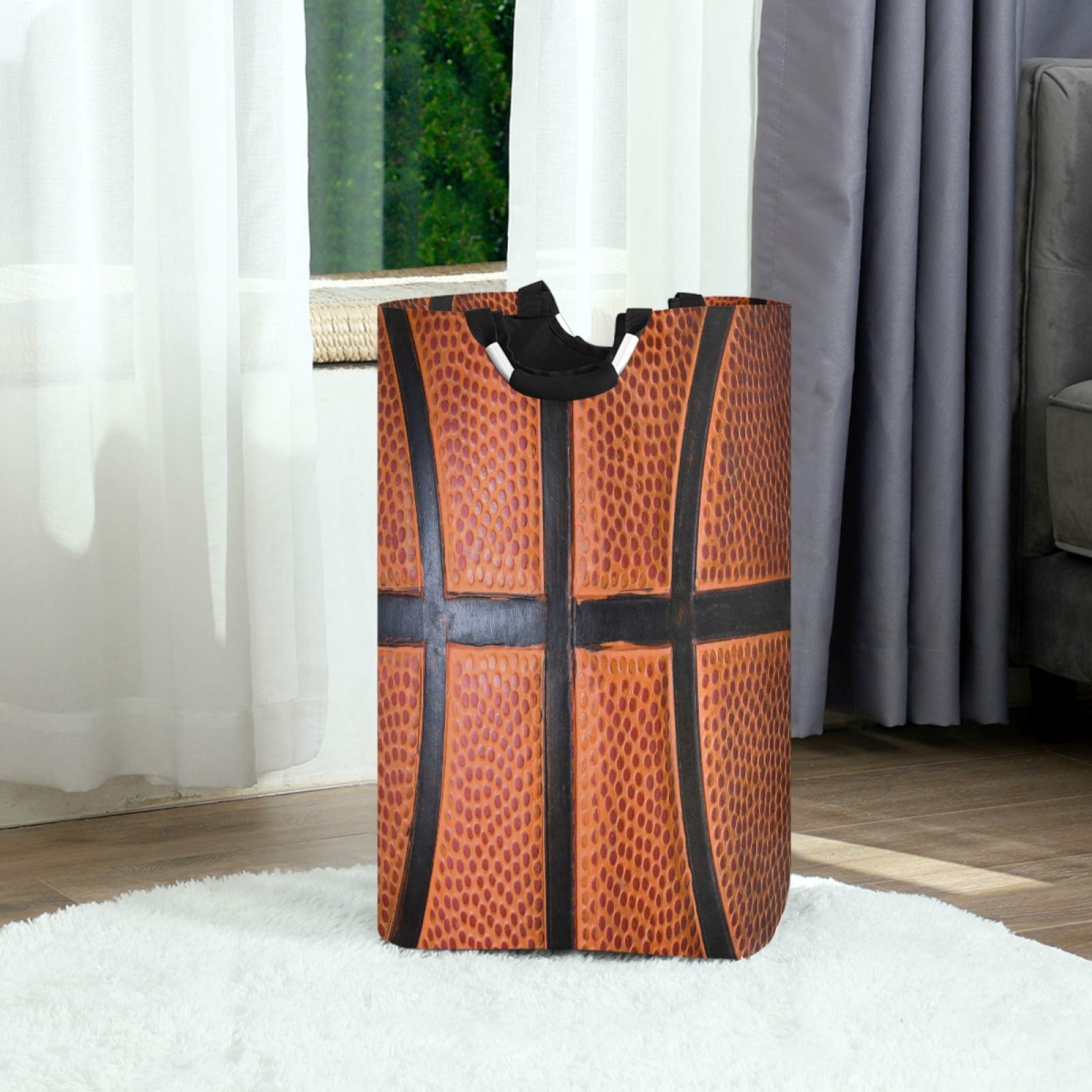 Foldable Waterproof Laundry Hamper Basket with Handles - Basketball Texture Orange Dirty Clothes Bag, Toy Storage Bin for Bathroom, Bedroom & Kids Room - Perfect for Sports Lovers & Home Organization