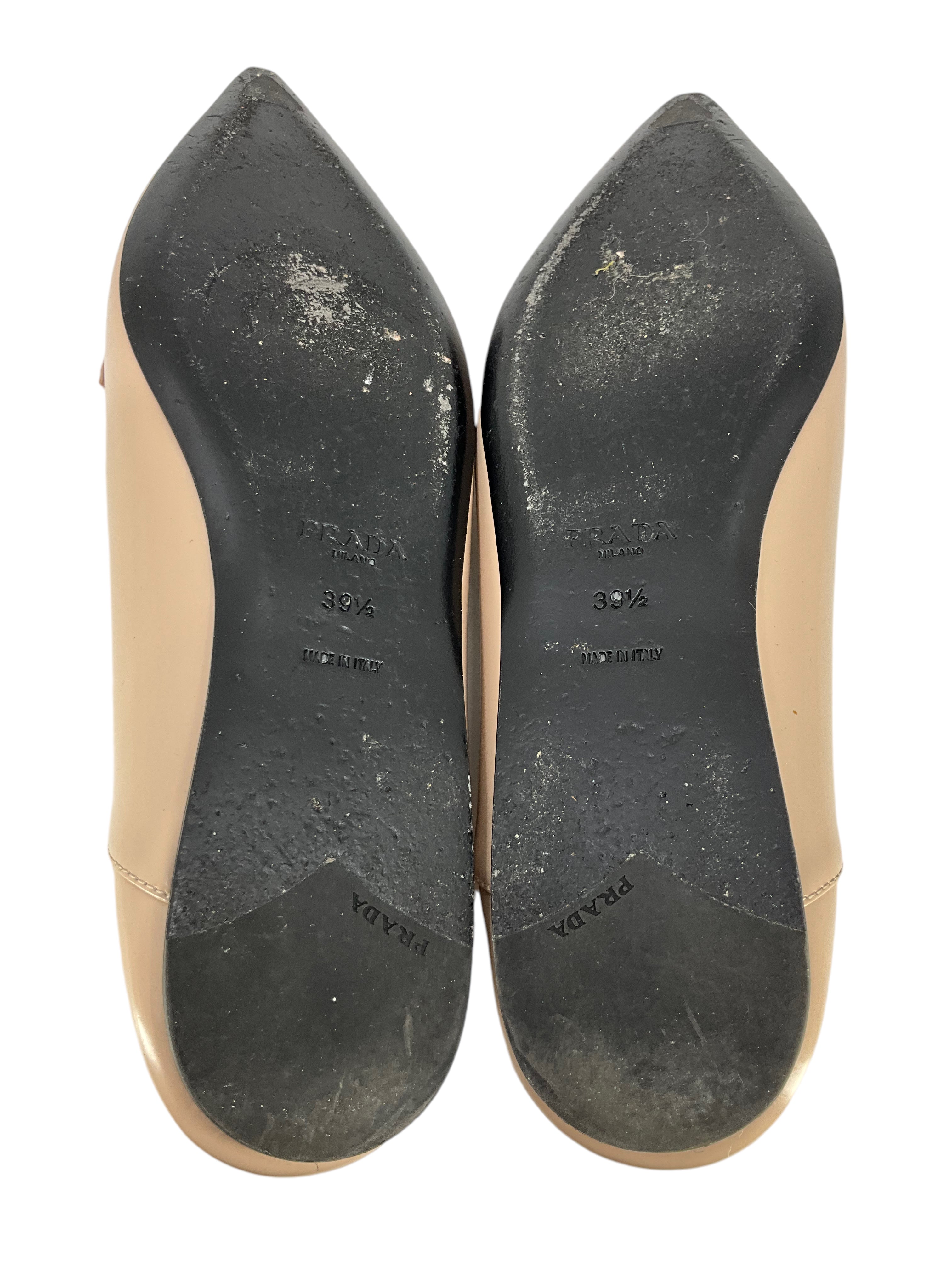 PRADA Leather Point Toe Logo Flats Women's Size 9.5 - Classic Luxury Loafers for Office, Business & Formal Occasions