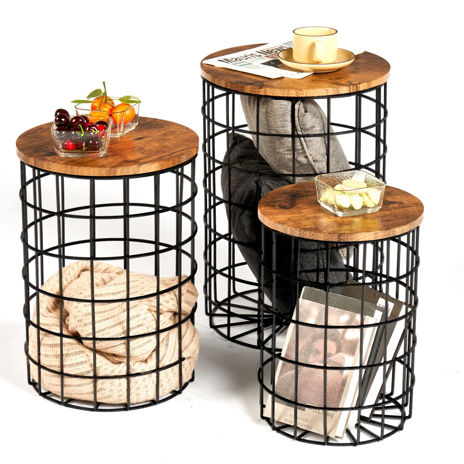 Oneinmil 3-Piece Nesting End Table Set with Storage - Round Side Tables with Removable Lids, Wire Basket Design & Steel Frame - Perfect for Living Room, Bedroom, Office - Rustic Home Decor for Small Spaces & Apartment Living