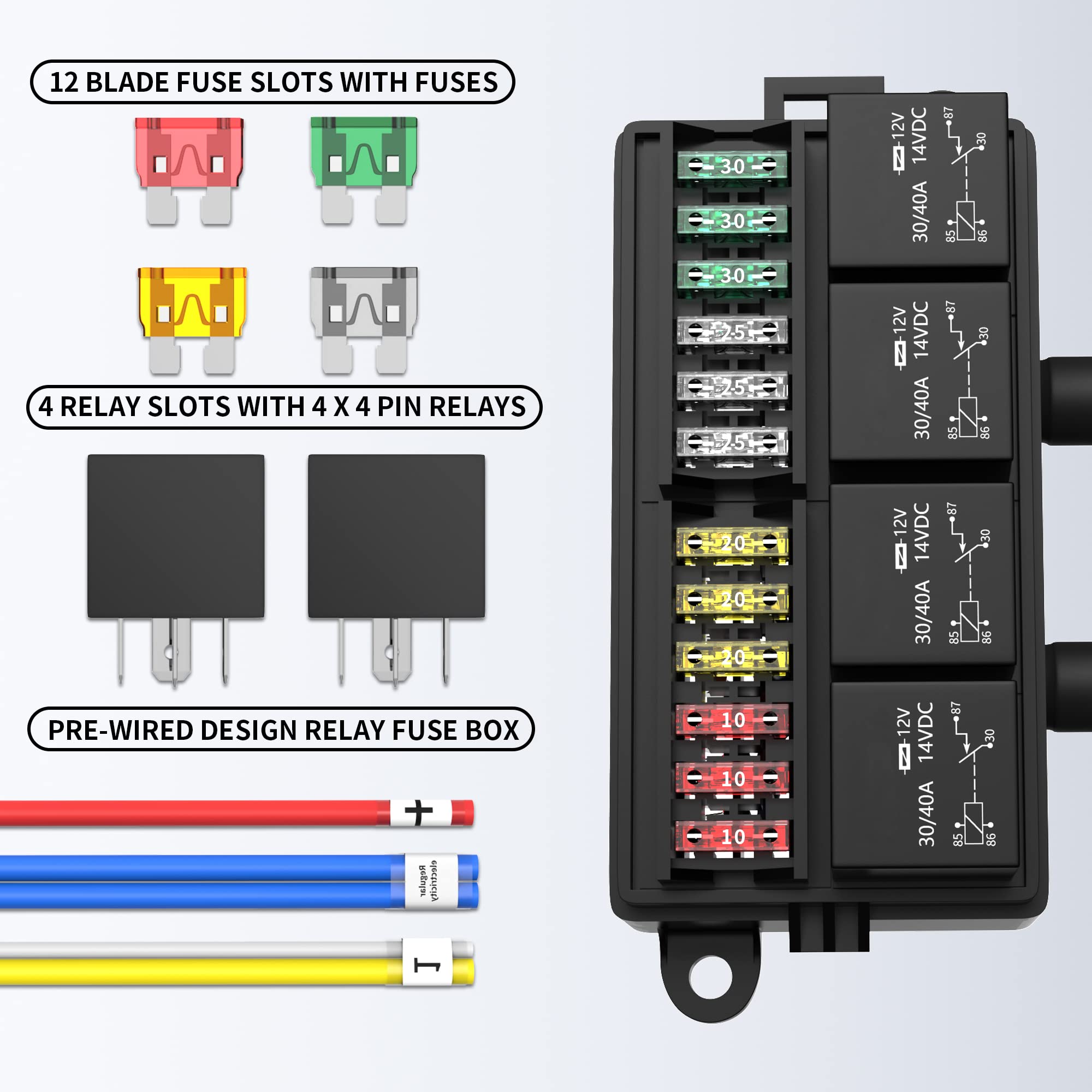 12V Pre-Wired Fuse Relay Box with 4 Relays & 12 ATC/ATO Fuses - Waterproof Automotive Fuse Block for Cars, Trucks, Boats, Marine & RV Electrical Systems - Perfect for Vehicle Wiring, Audio Installations & Accessory Power Distribution