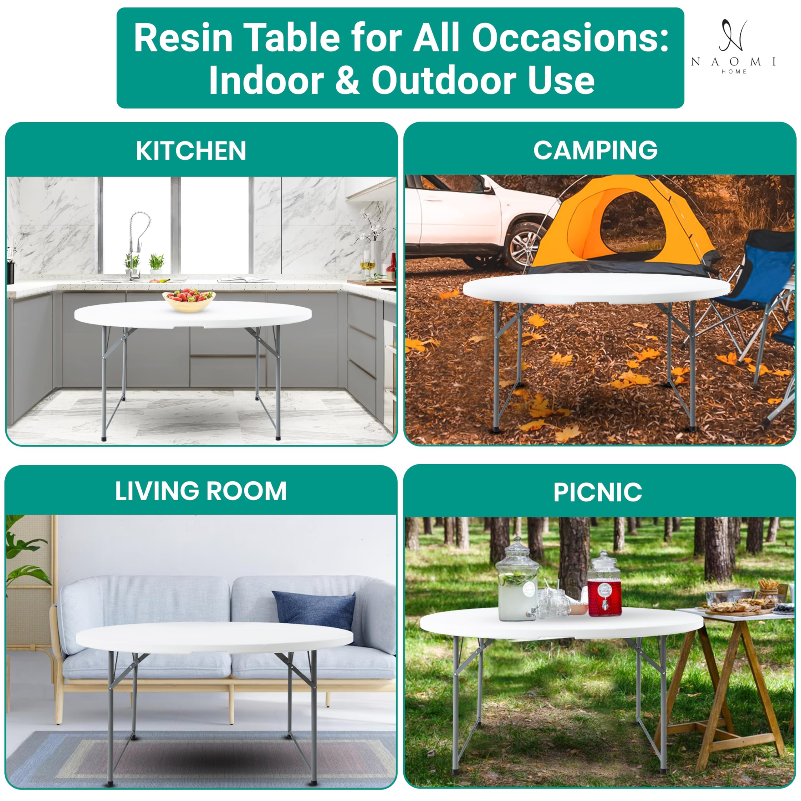 Naomi Home 60-Inch Round Folding Table - Lightweight Durable Bi-Fold Portable Plastic Table with Carrying Handle, White Resin Surface & Sturdy Steel Frame for Indoor Outdoor Use - Perfect for Parties, Picnics, Camping, and Home Events