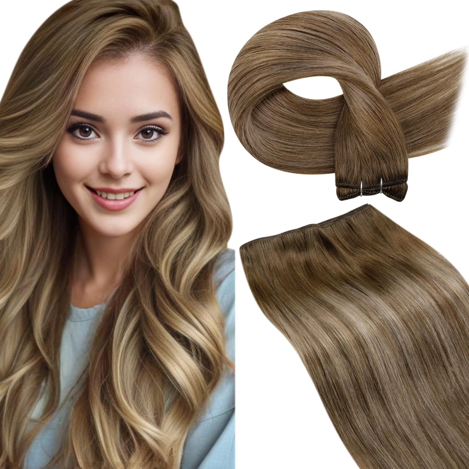 LaaVoo 22 Inch Sew in Hair Extensions - 100g Real Human Hair, Brown Balayage to Light Brown Ombre Golden Blonde - Long Weft Hair for Styling & Volume | Perfect for Weddings, Parties & Daily Wear