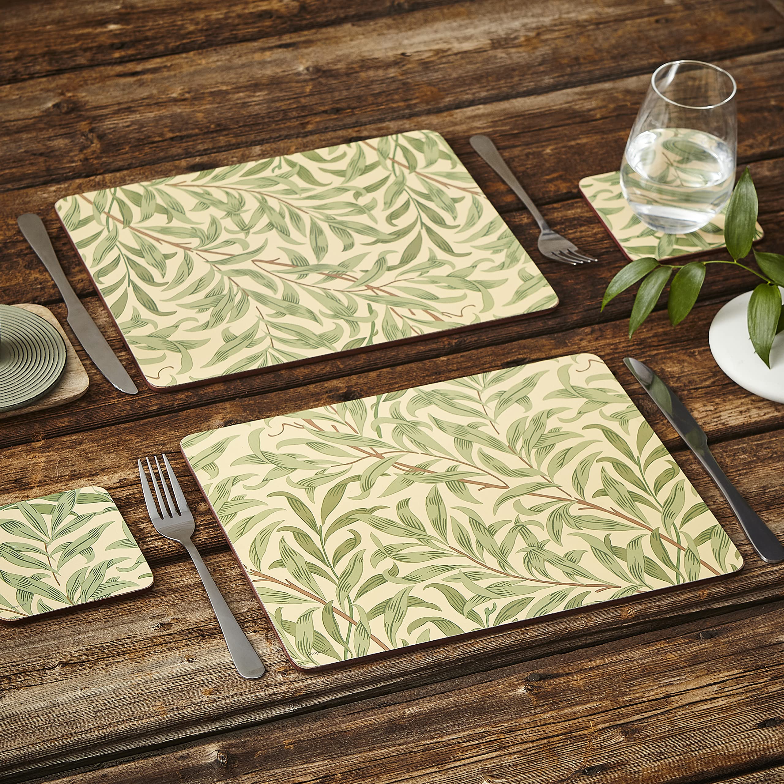 Portmeirion Willow Bough Green Placemats Set of 6 - Large Rectangular Table Mats for Dining Room, Kitchen, and Formal Dinner Parties