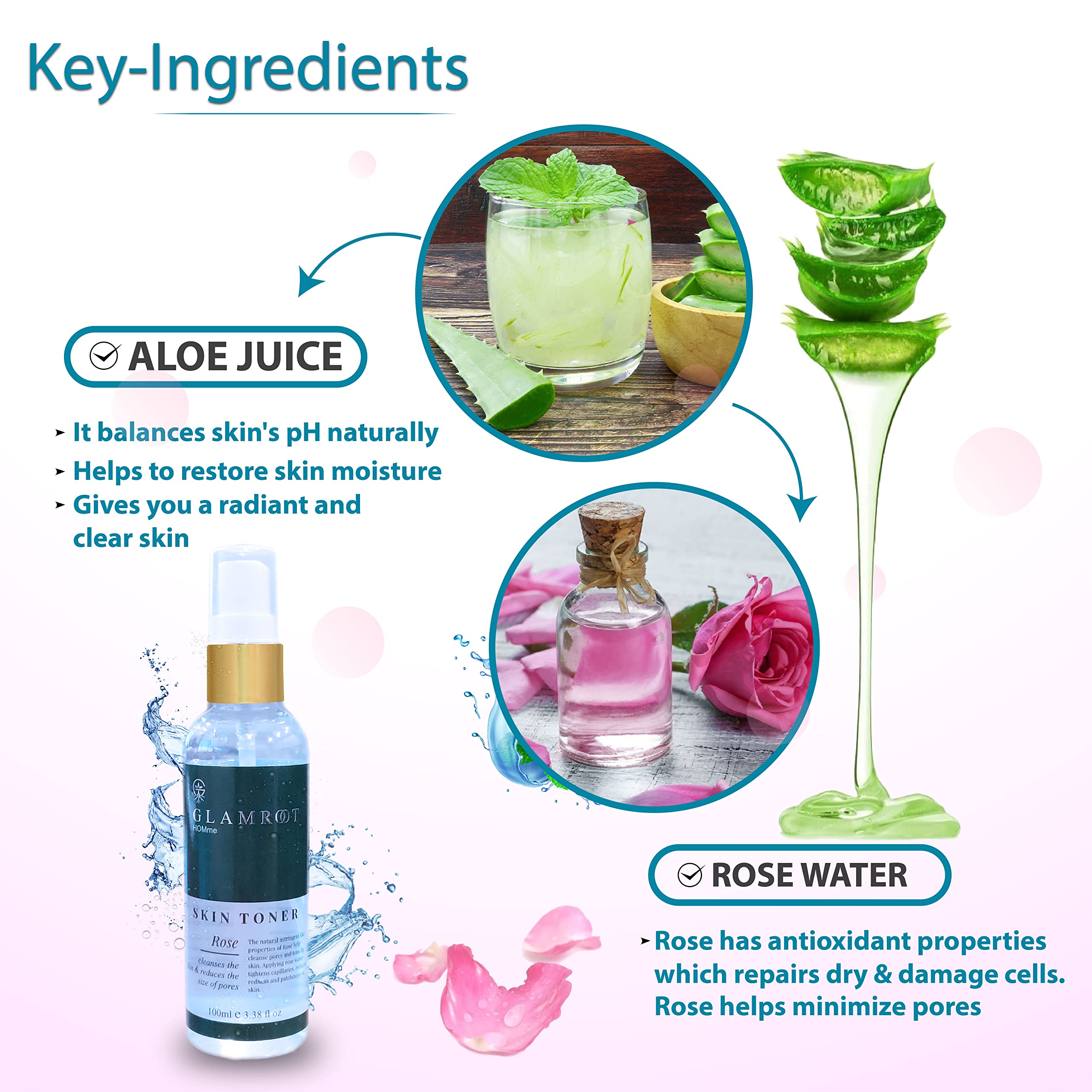 GLAMROOT Rose Skin Toner with Aloe Juice & Rose Water - Hydrating Facial Toner for Men & Women - Perfect for Daily Skincare Routine & Post-Shave Soothing