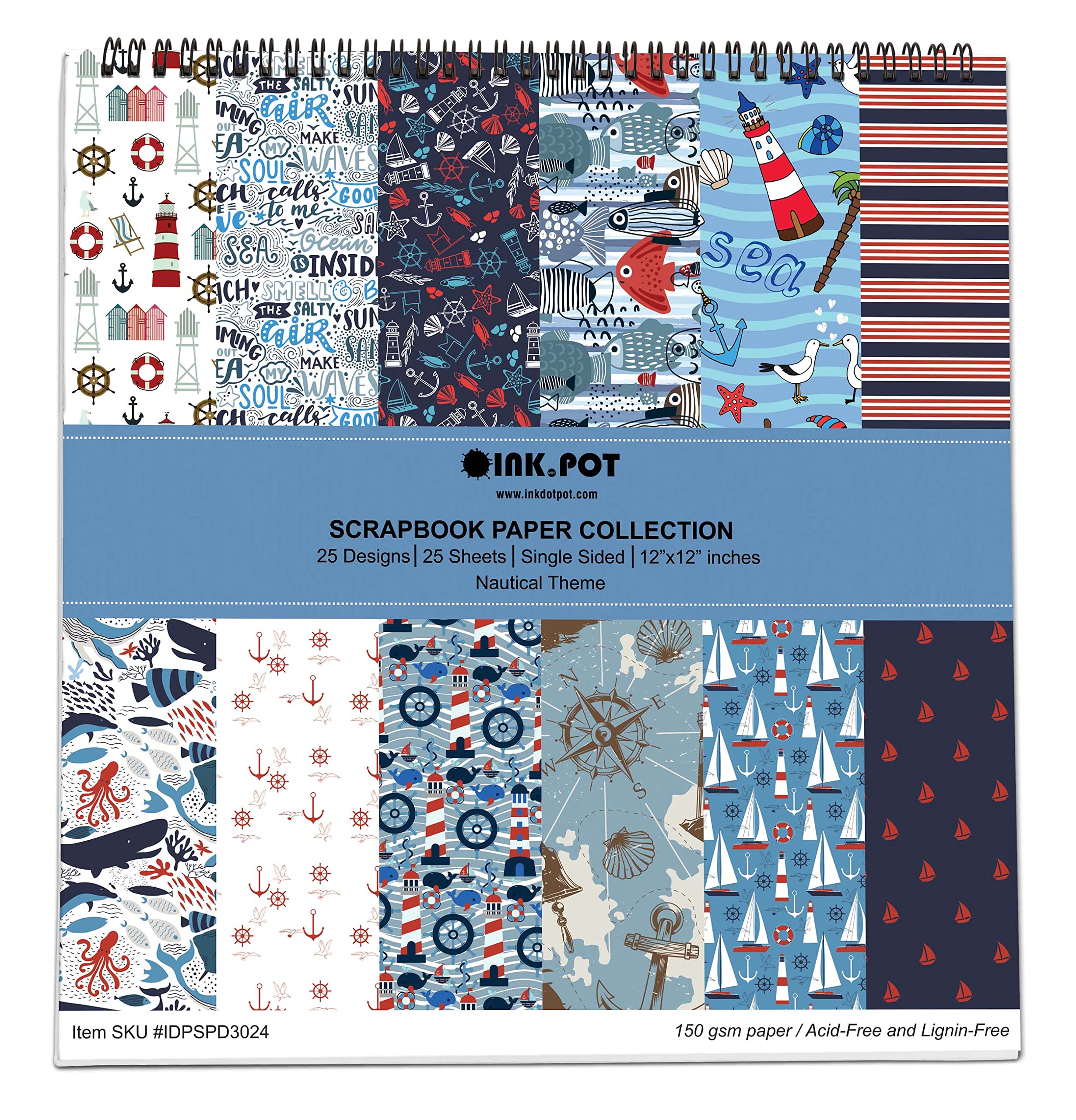 25 Sheets Nautical Texture Scrapbook Paper Pad 12x12 Inch, Single-Sided Colorful Cardstock for DIY Scrapbooking, Card Making, Journaling & Craft Projects - Perfect for Beach Theme Albums, Invitations & Home Decor