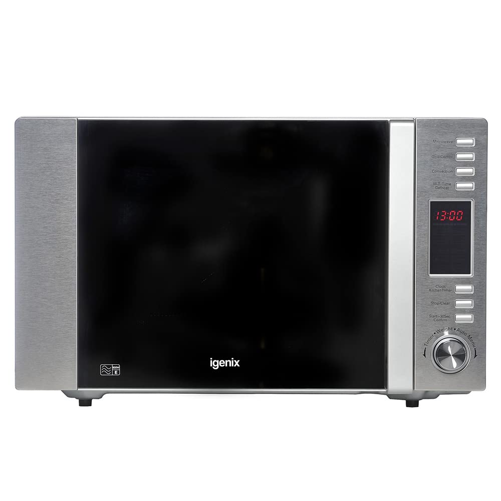 Igenix IG3091 30L Stainless Steel Digital Microwave Oven with Grill & Convection - 900W, 5 Power Levels, 10 Auto Menus, 95-Min Timer | Perfect for Baking, Grilling & Quick Meals in Small Kitchens