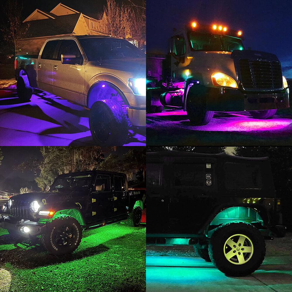 RGB LED Pod Rock Lights Kit - Wireless APP Control, Music Sync & Chasing Effects Underbody Neon Lights for 12V SUV, Jeep, Truck (15 LEDs Per Light) - Perfect for Off-Roading, Car Shows & Night Driving