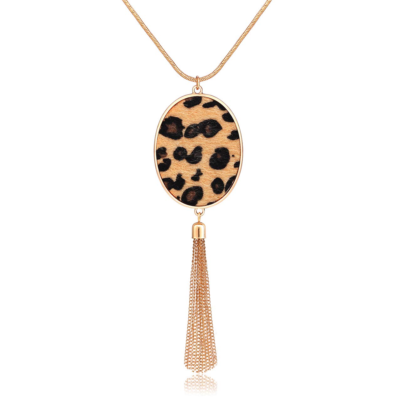Women's Long Statement Necklace - Leopard & Snakeskin Print with Oval Leather Pendant | Fashion Jewelry for Casual Wear, Office & Evening Outfits