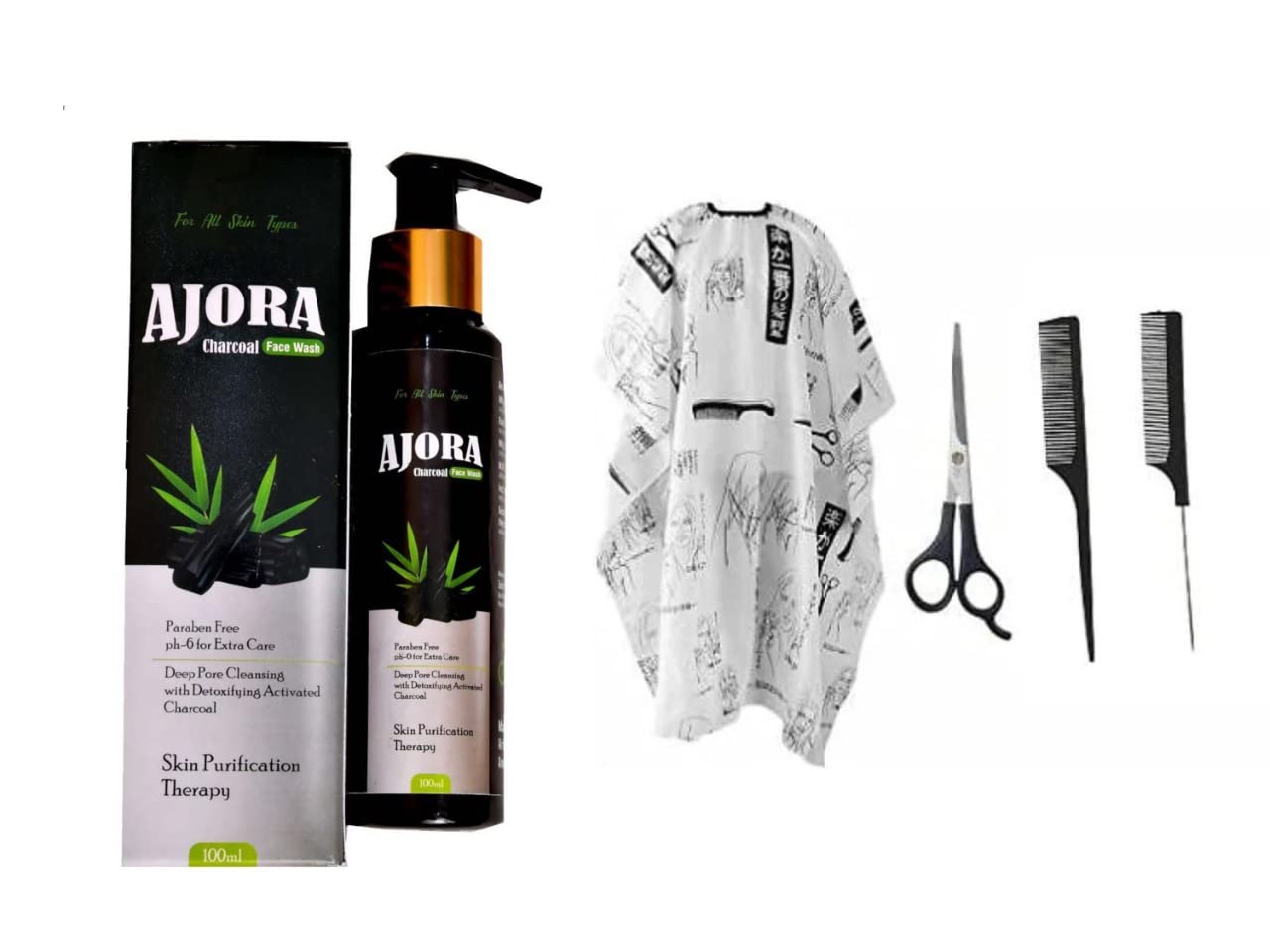**AJORA Professional Hair Cutting Kit - 1 Cutting Apron, 1 Scissors, 2 Hair Care Combs & Charcoal Face Wash with All Herbal Ingredients | Salon & Home Hair Styling Essentials**