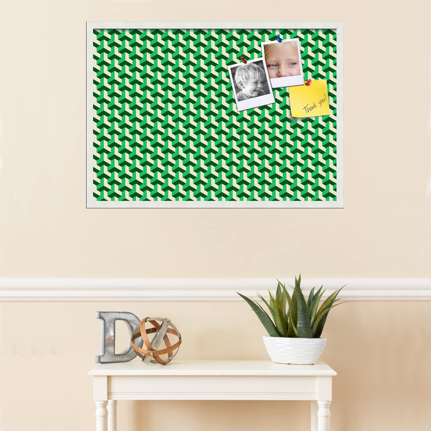PinPix 34x24 Inch Cork Bulletin Board - Decorative Framed Pin Board with BAUS Green Beige Design & Satin White Frame - Perfect for Home Office Decor, School Classroom, Dorm Room Organization & Wall Memo Display (PinPix-1531)