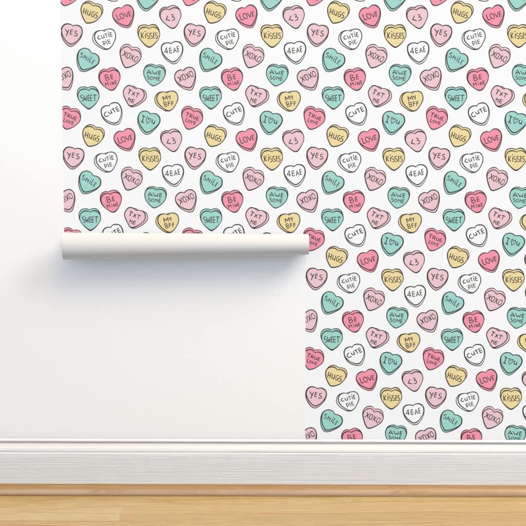 Commercial Grade Wallpaper 27ft x 2ft - Valentine's Day Candy Hearts Design, Pastel Romantic Love Theme for Bedroom & Nursery Decor | Spoonflower Premium Traditional Wallpaper
