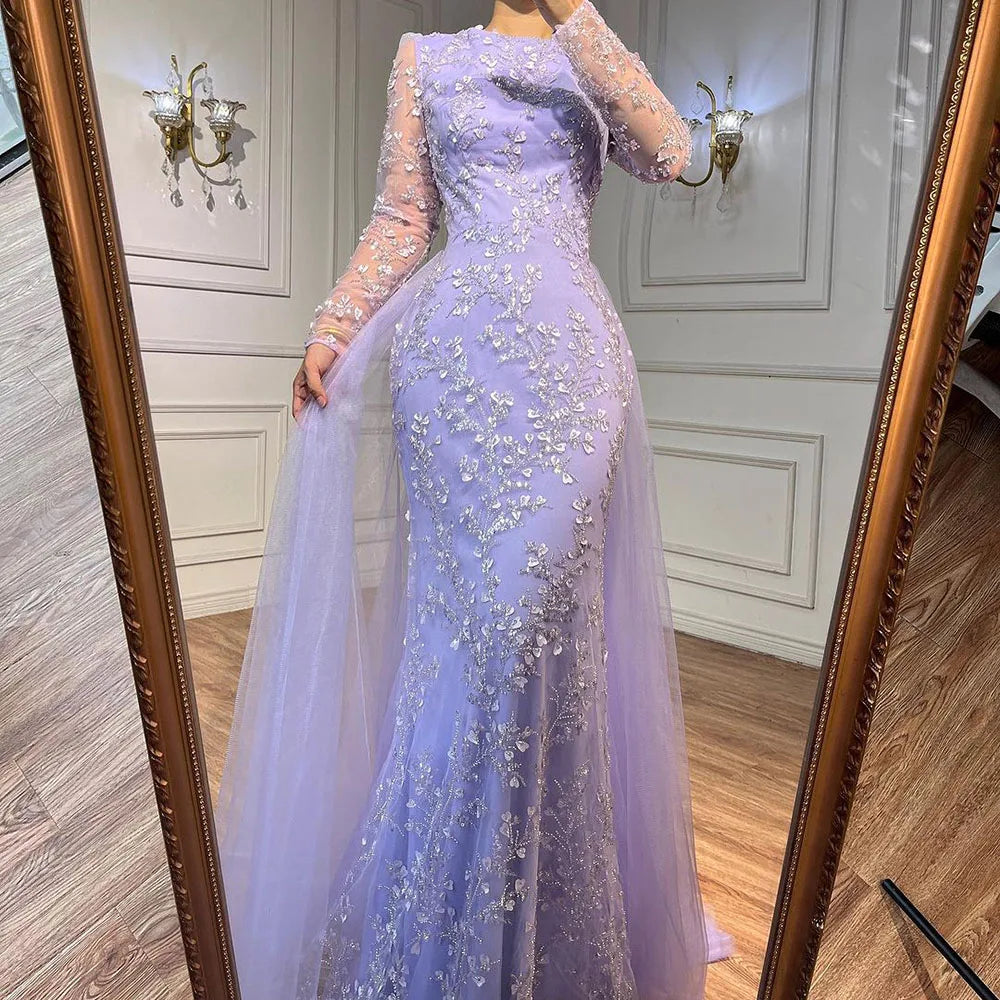 Elegant Blue Mermaid Evening Dress with Beaded Train - Luxury Arabic Wedding Gown for Women - Perfect for 2025 Bridal Party & Formal Events - Serene Hill Collection LA71851