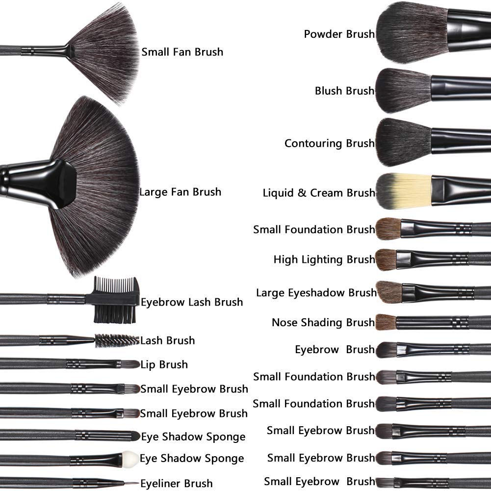 Premium 24-Piece MISS & MAM Fiber Bristle Makeup Brush Set with Leather Storage Pouch - Professional Cosmetic Brushes for Foundation, Blending, Contouring - Perfect for Travel & Home Makeup Kits