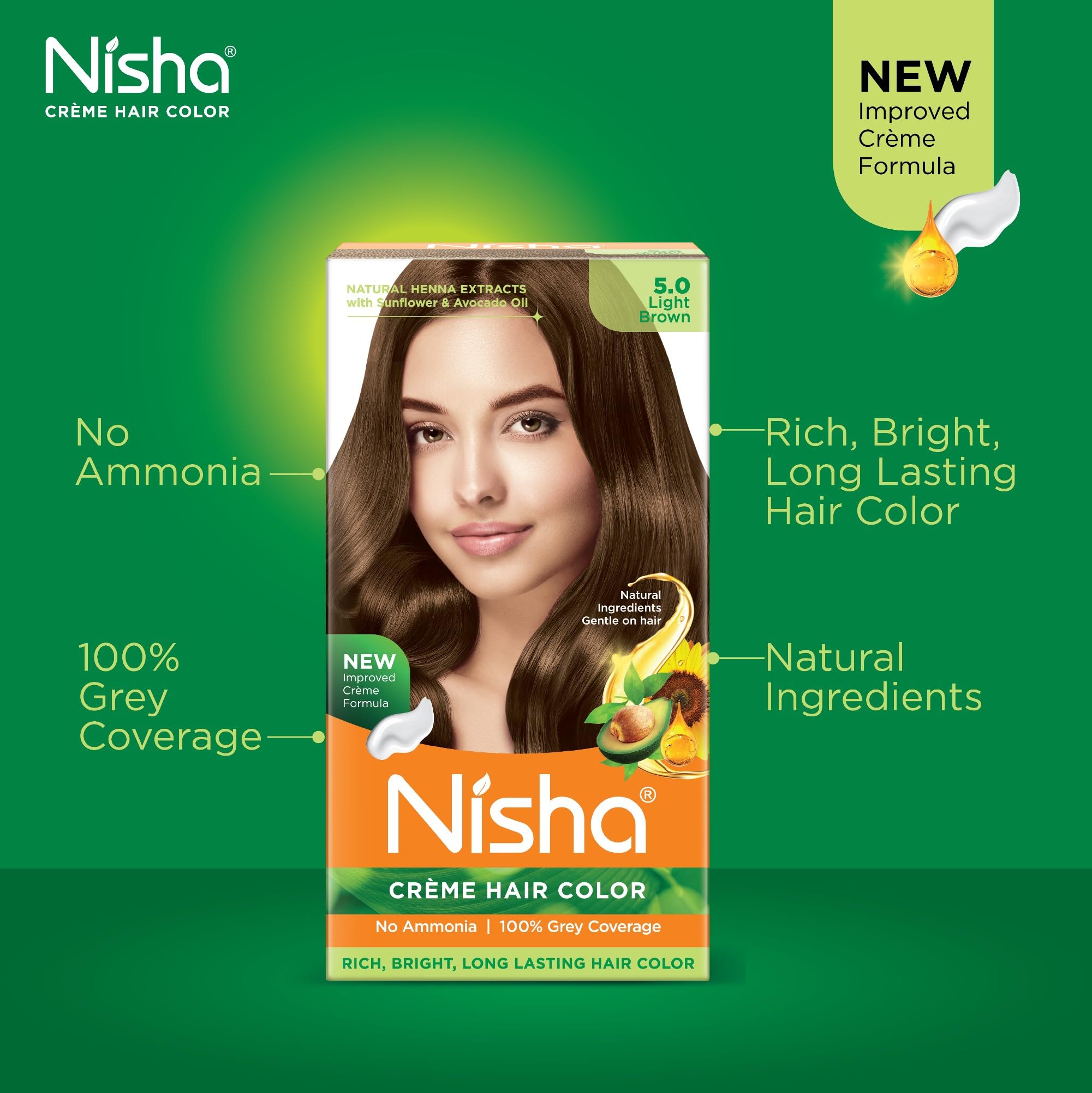 Nisha Creme Hair Color Light Brown 5.0 - Ammonia-Free Permanent Hair Dye for Women & Men with 100% Gray Coverage & Ultra Soft Shine | At-Home Hair Coloring for Natural-Looking Results