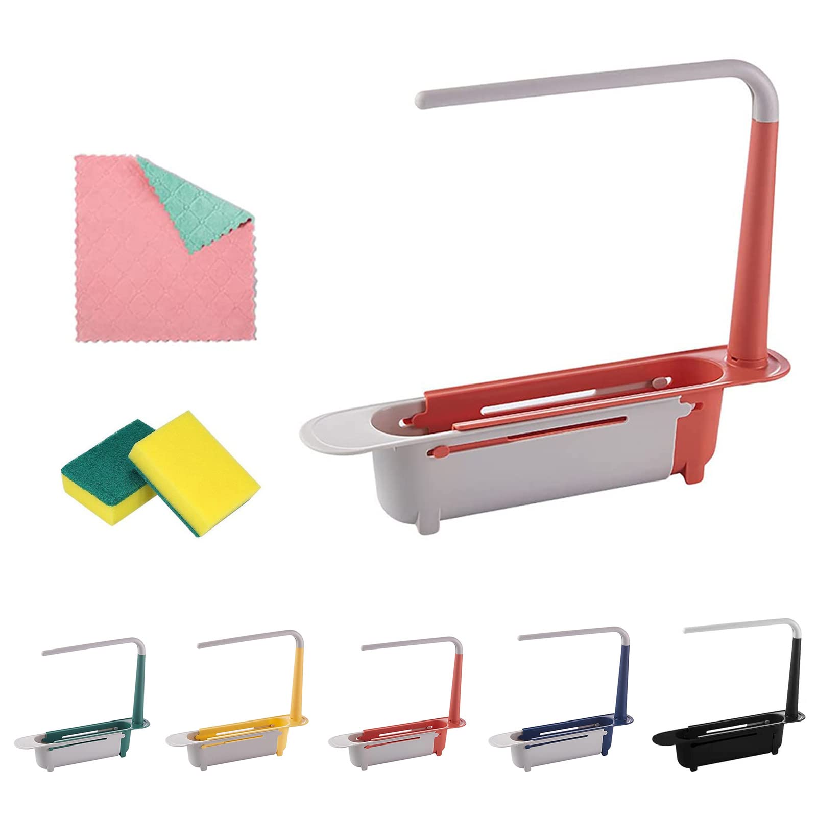 KCRPM Expandable 2-in-1 Kitchen Sink Organizer - Adjustable Drain Basket & Storage Rack for Dishes, Sponges, Utensils - Space Saving Solution for Small Kitchens (Light Red) - Perfect for Apartment, RV & Dorm Room Organization