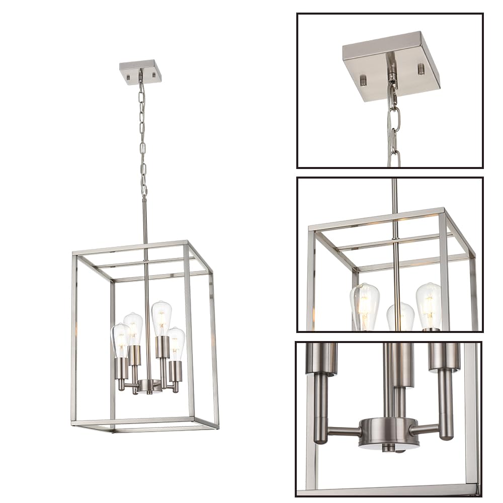 4-Light Brushed Nickel Chandelier - Industrial Square Metal Pendant Light for Foyer, Dining Room & Kitchen | Modern Ceiling Hanging Lantern Fixture for Home Decor