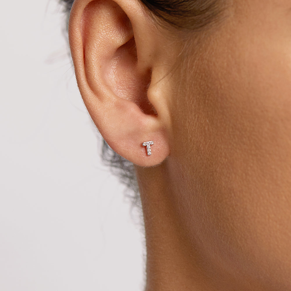 Diamond Letter T Single Stud Earring in Sterling Silver - Perfect for Gifts, Birthdays & Everyday Elegance