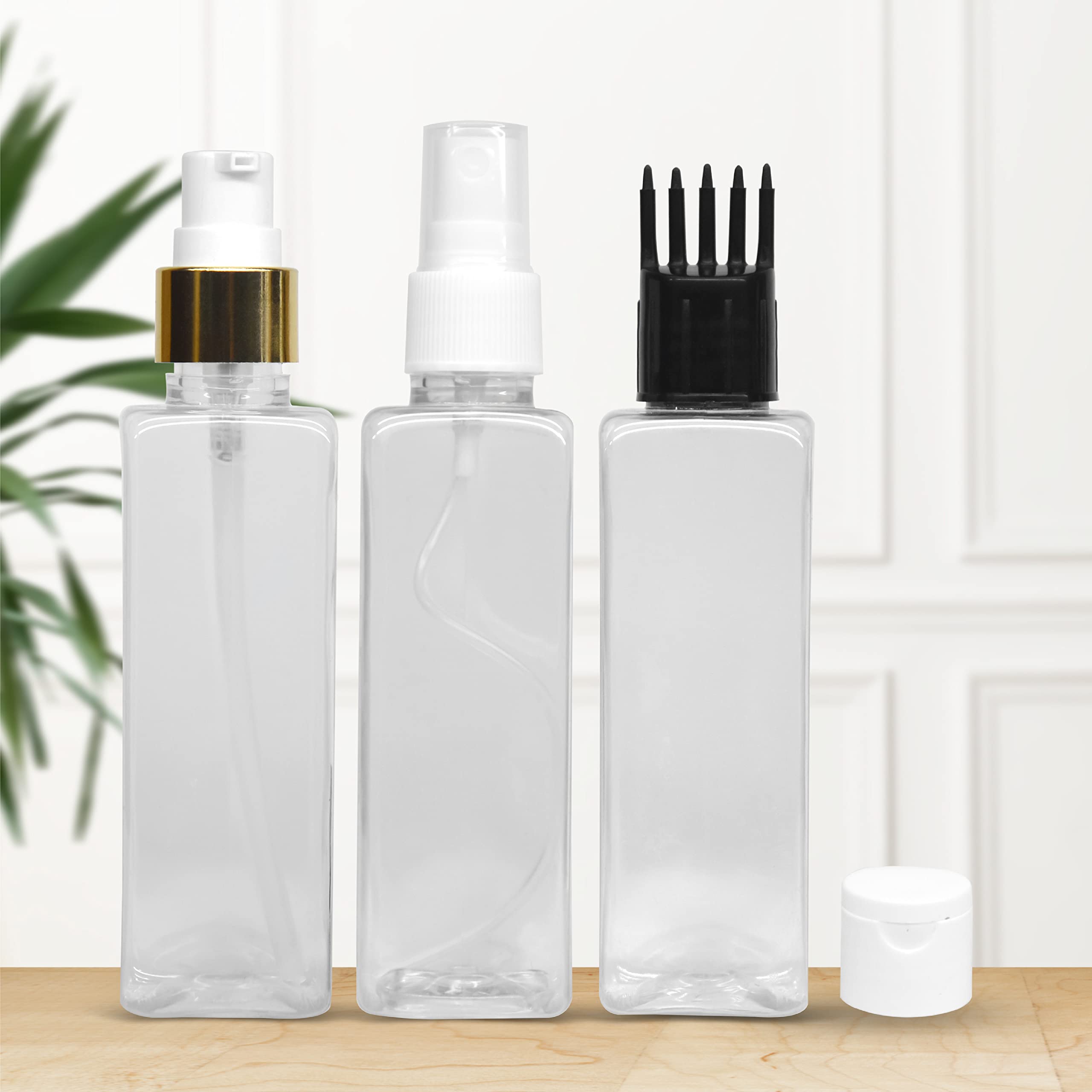 Refillable 100ml Rectangular Bottle Set with Pump Dispenser, Spray Atomizer, Comb Applicator & Flip Top Cap - Durable Containers for Perfume, Liquids, Shampoo (Multicolor) - Perfect for Travel, Salon & DIY Beauty Products