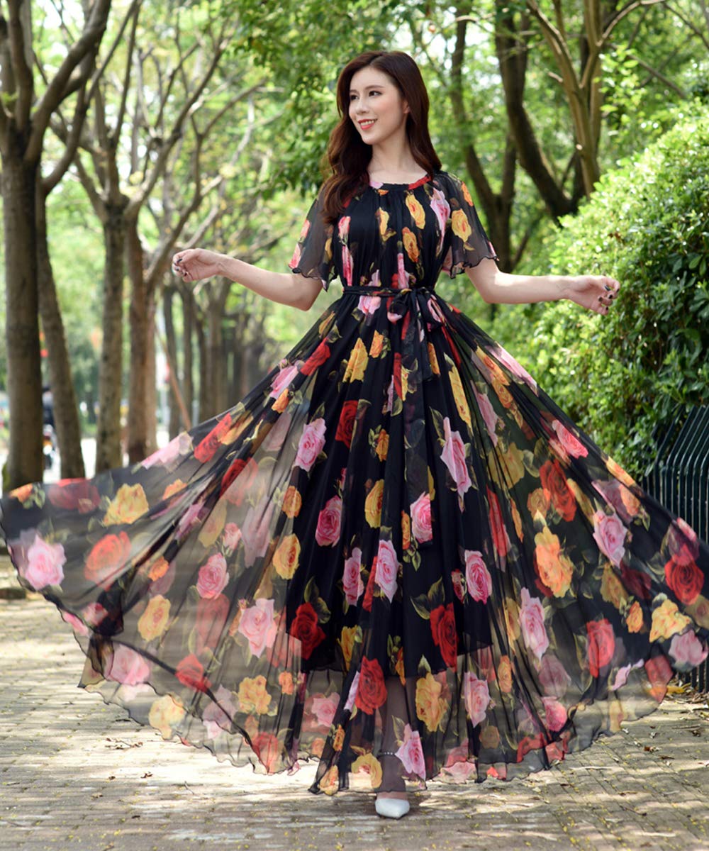 MedeShe Women's Bohemian Floral Print Short Sleeve Maxi Dress - Perfect for Summer Beach Vacations, Music Festivals & Boho Chic Outfits