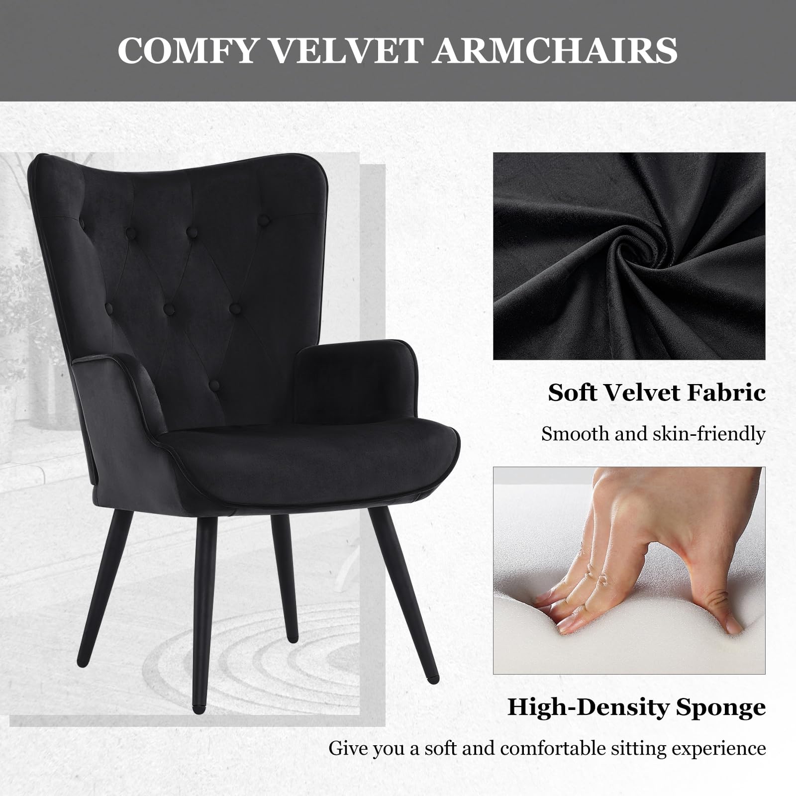 Furnimart Black Velvet Accent Chair - Mid Century Modern Living Room Armchair with Comfortable Cushion | Stylish Wingback Design for Office, Study, Bedroom, Vanity & Waiting Room | Perfect for Relaxing, Reading & Home Decor