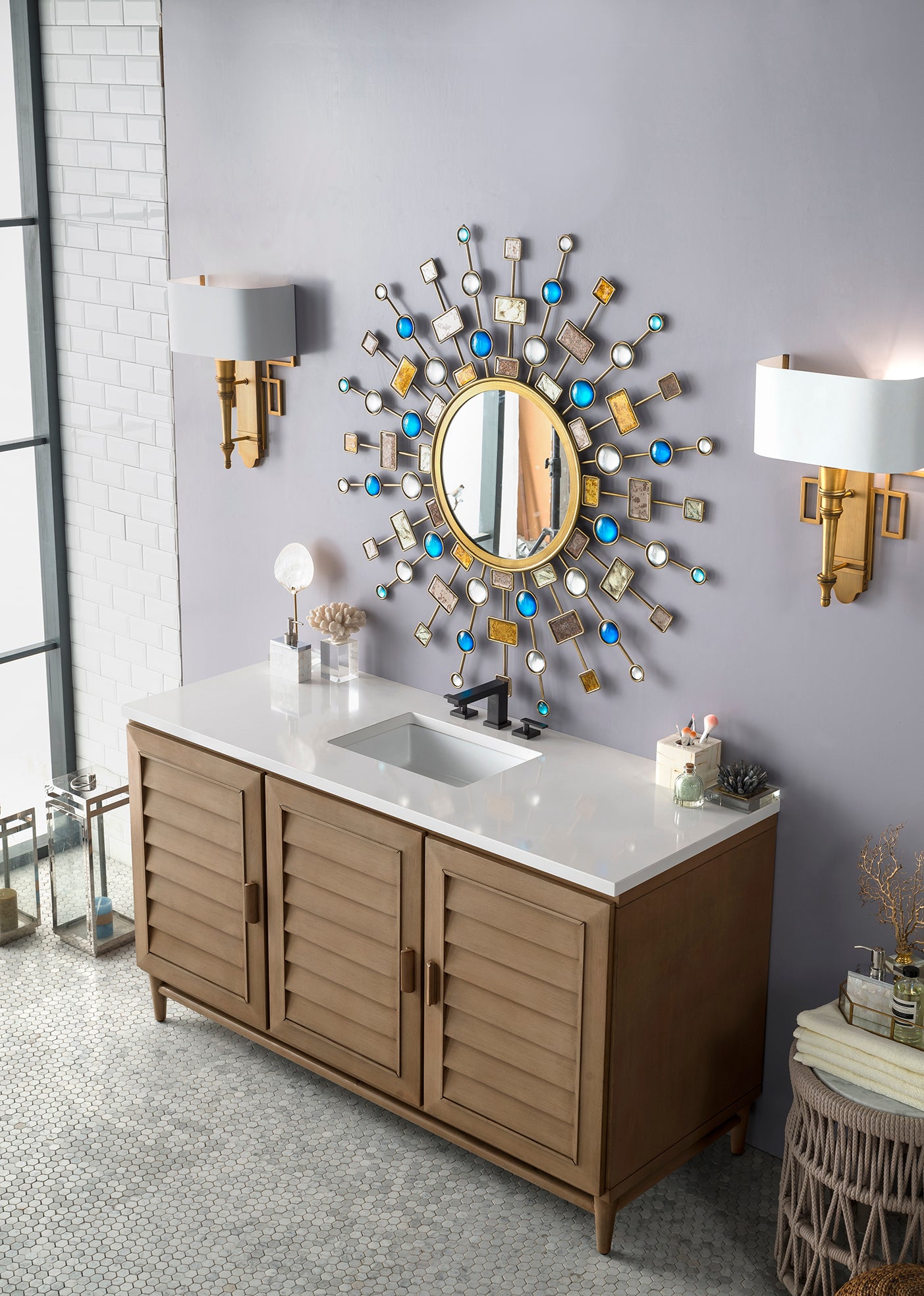 Portland 60 Inch Single Bathroom Vanity with Whitewashed Walnut Finish & 3CM Classic White Quartz Countertop - Perfect for Modern Master Bathrooms and Guest Bath Suites
