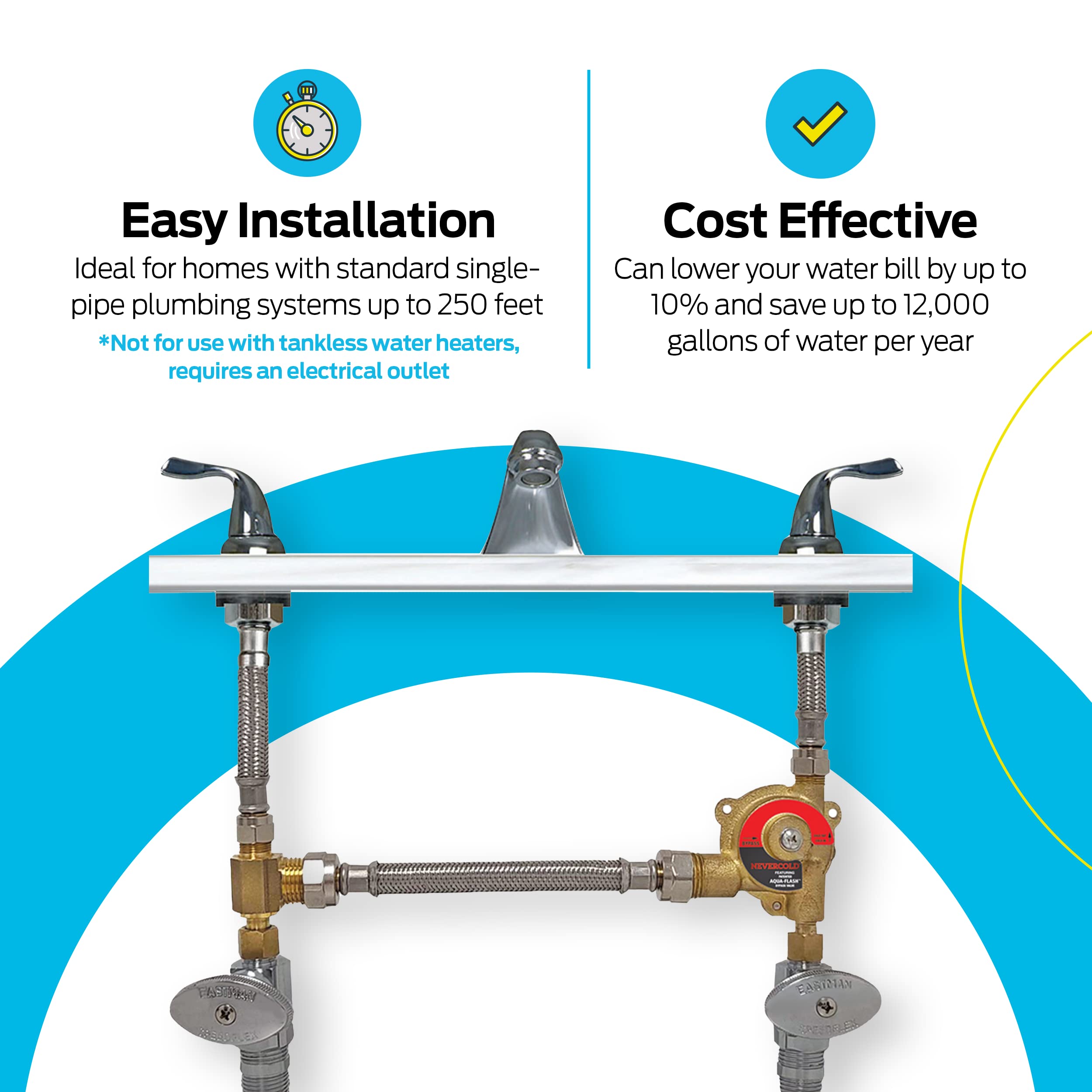 3/4 Inch Nevercold Universal Hot Water Recirculation Pump Kit - Brass Construction 70600 - Instant Hot Water for Showers, Sinks & Appliances