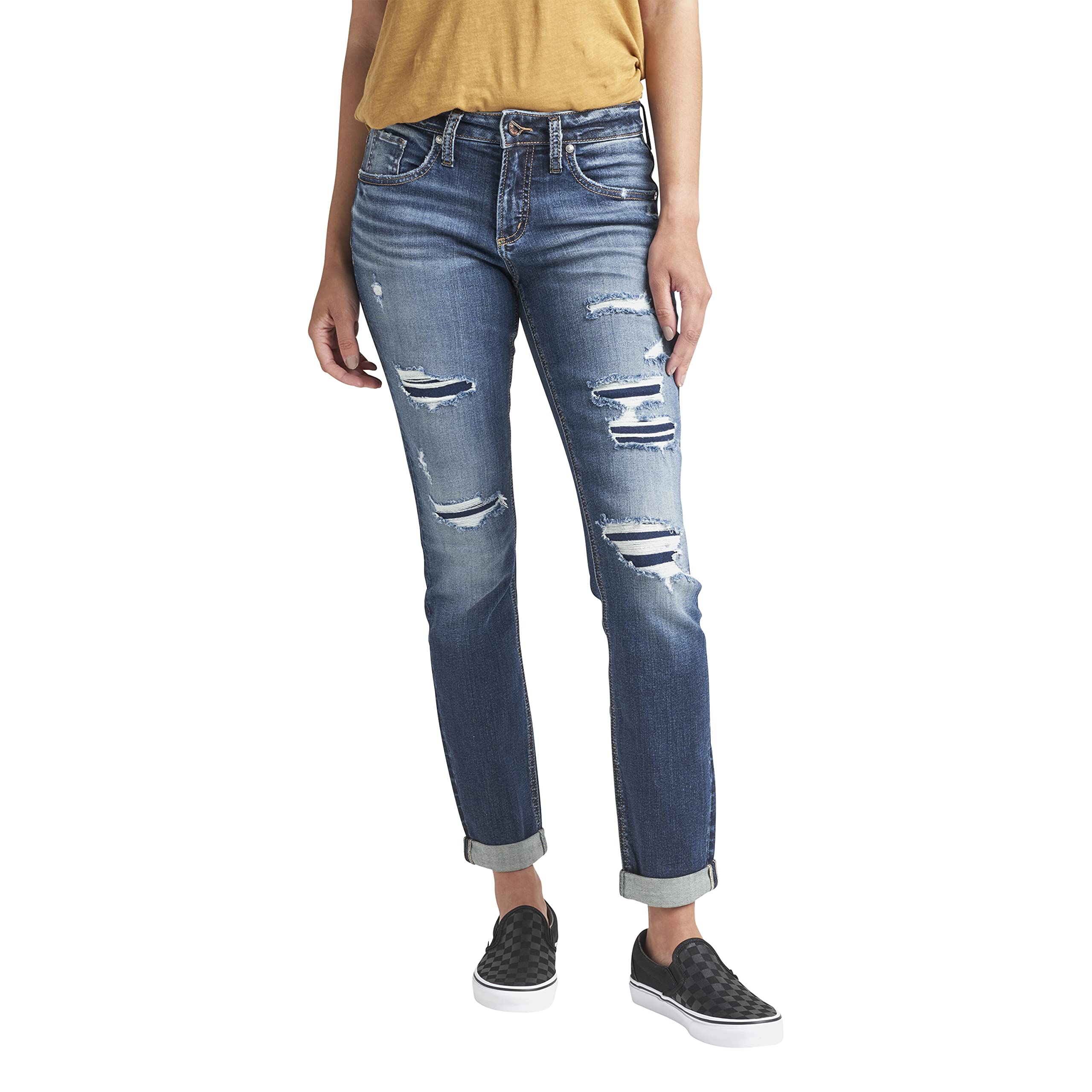 Silver Jeans Co. Women's Boyfriend Mid Rise Slim Leg Jeans - Comfortable Stretch Denim Pants for Casual Wear & Everyday Outfits