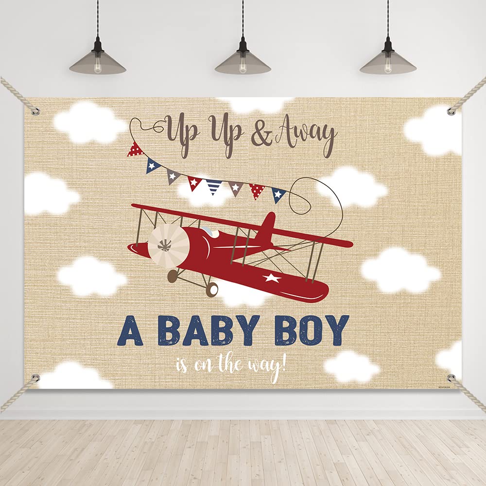 Airplane Baby Shower Backdrop - Up & Away Boy Decor for Adventure Theme Party
