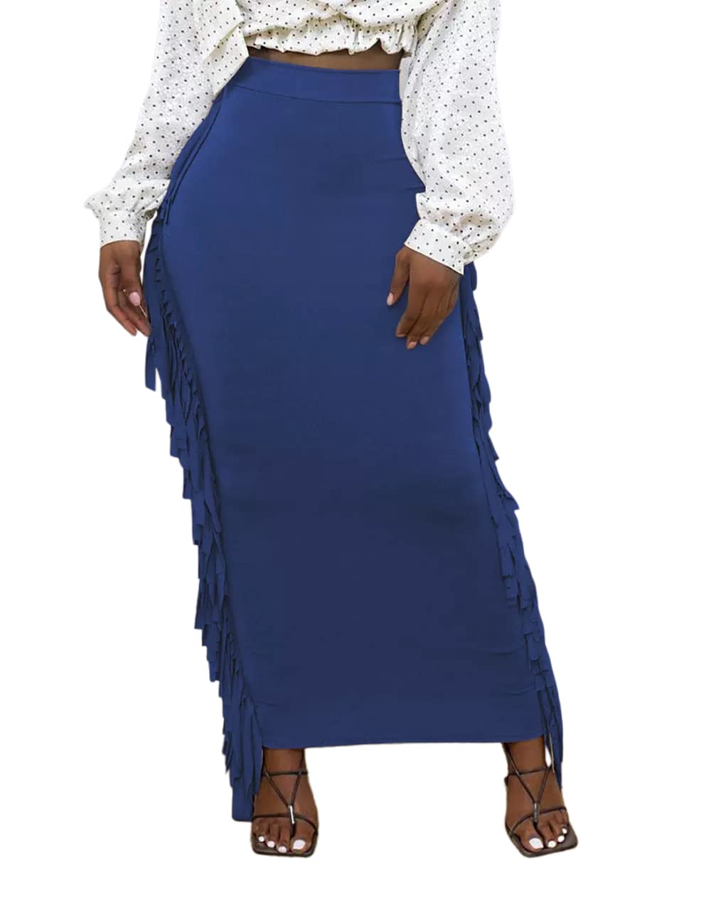 Lrady Women's Stretchy Elastic Waist Slim Fit Bodycon Maxi Pencil Skirt with Side Tassels - Perfect for Office Wear, Evening Parties & Casual Outfits