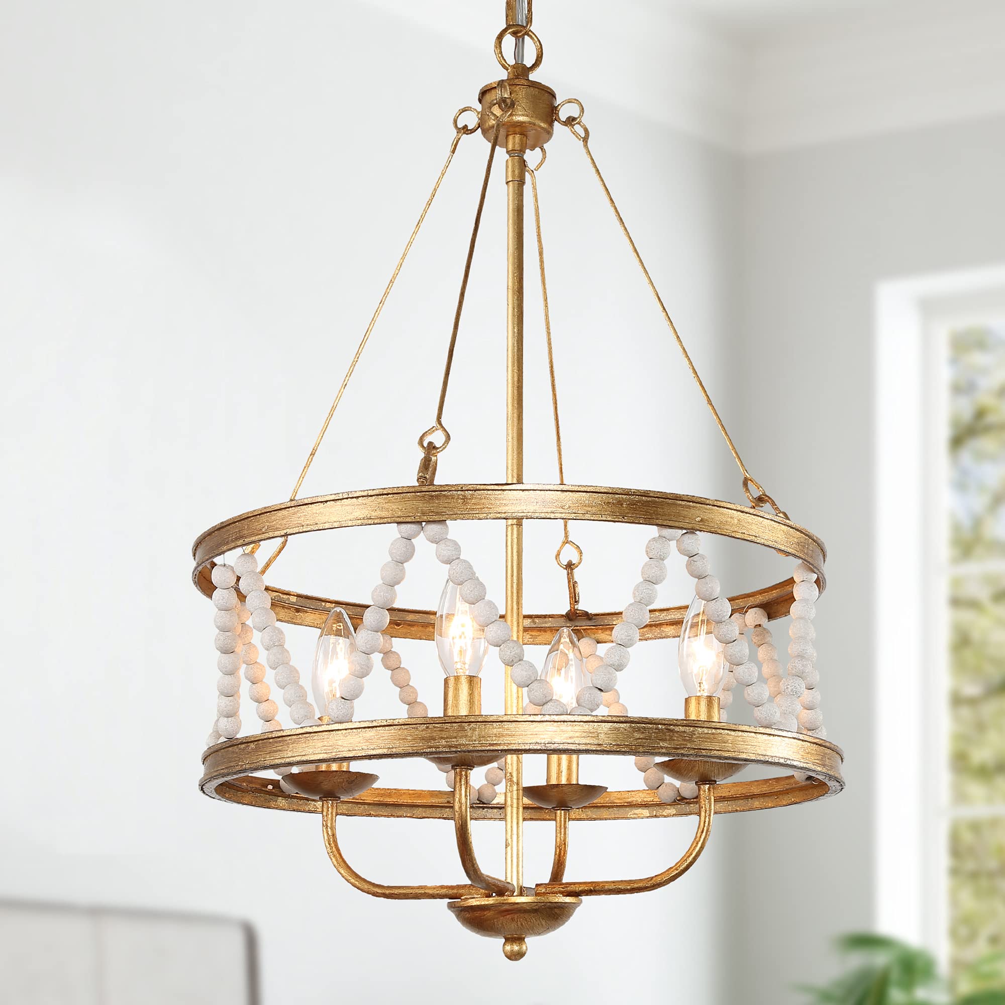 Elegant 4-Light Gold Chandelier with Beaded Drum Shade - 15.5