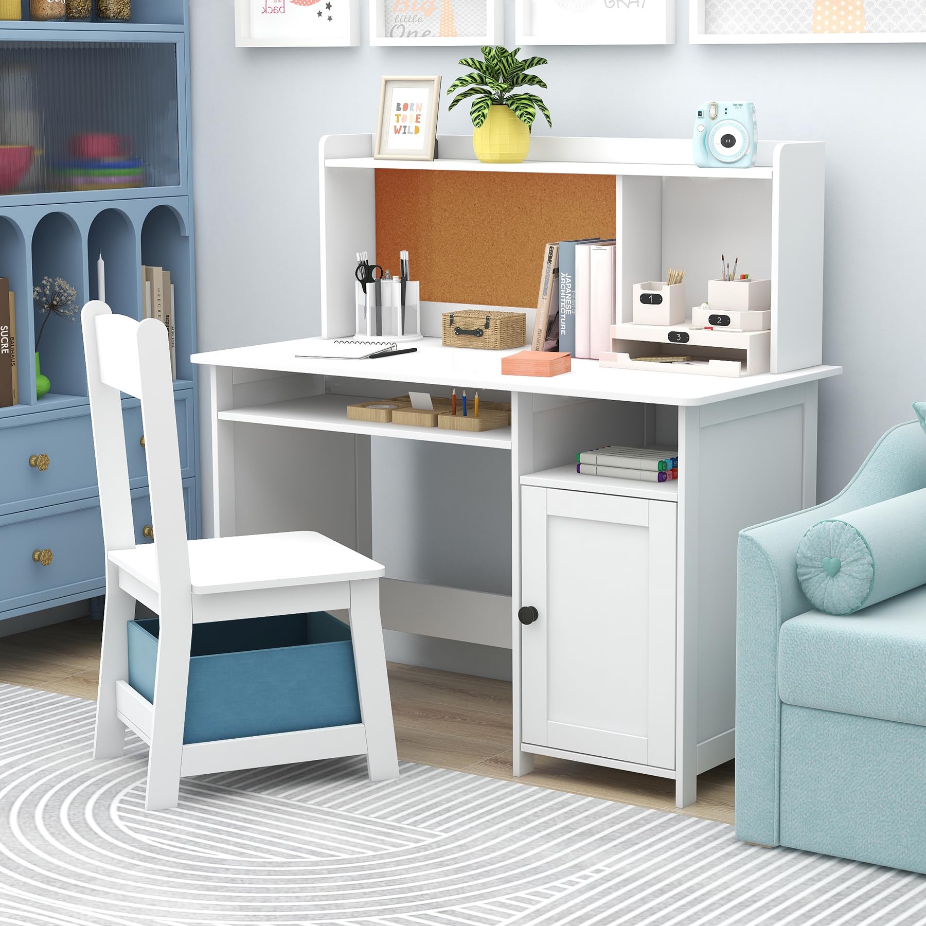 TaoHFE Kids Desk and Chair Set with Storage Shelf - Wooden Study Table & Chair for Boys Girls - Craft Writing Desk for Bedroom, Homeschool, Learning - White