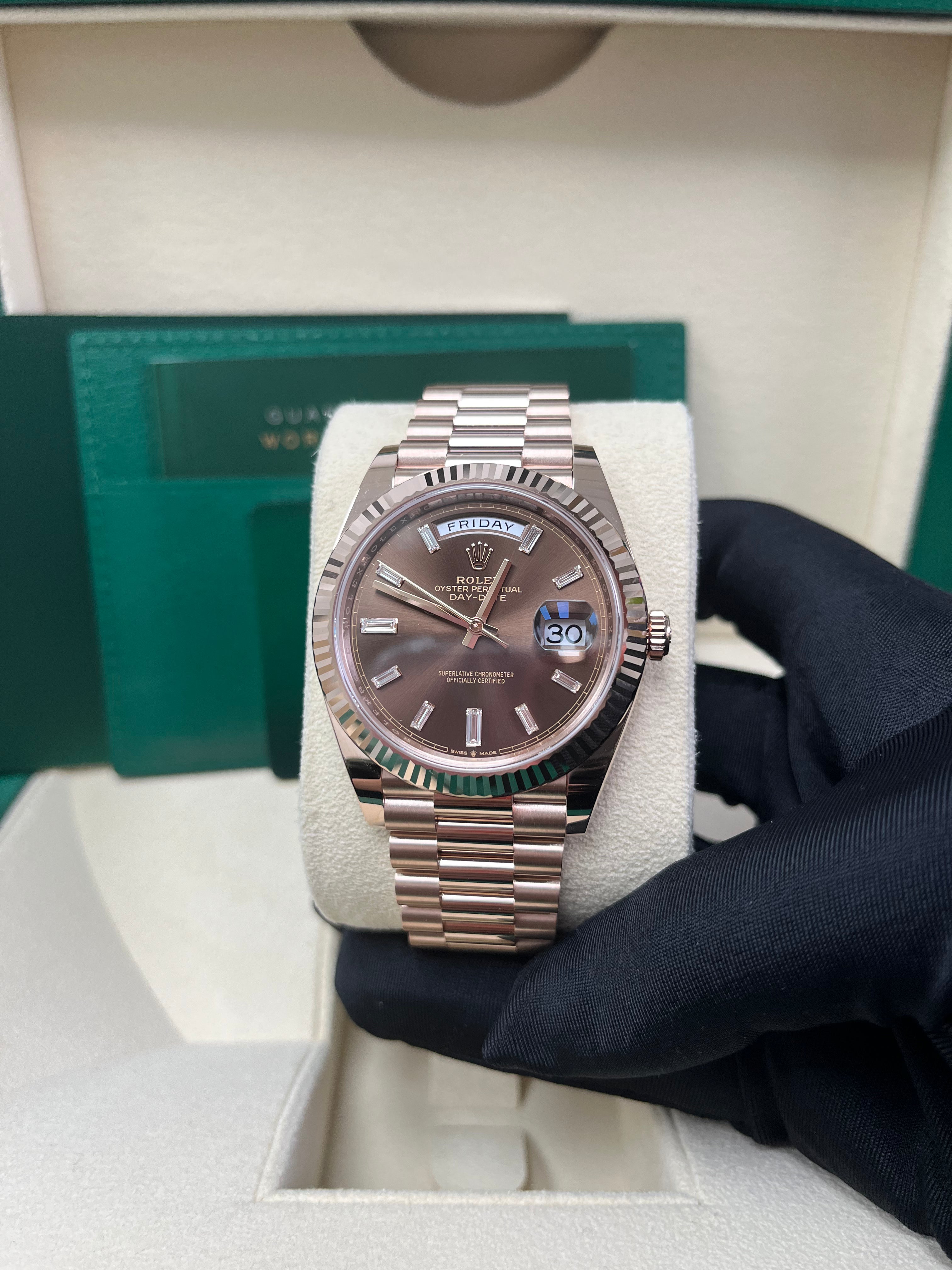 Rolex Day-Date 40 Rose Gold Men's Watch with Fluted Bezel & Chocolate Baguette Diamond Dial - Model 228235 | Luxury Dress Watch for Business & Formal Occasions