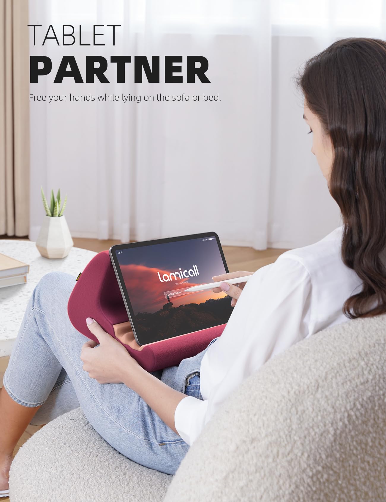 Lamicall Tablet Holder Stand with Soft Pillow Pad - Adjustable Bed & Lap Stand for iPad Pro 12.9/Air/Mini, Kindle, Galaxy Tab (4-13 Inch) - Includes Stylus Mount & Storage Pocket - Dark Red - Perfect for Reading, Watching Movies & Hands-Free Use in Bed/Couch/Travel