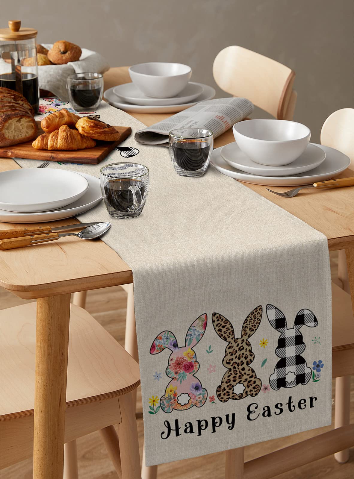 Easter Bunny Table Runner - 18x72 Inch Cute Rabbit Leopard Stripe Spring Floral Decorative Tablecloth for Easter Day Dinner, Kitchen, Dining Room & Party Decor - Perfect for Spring Celebrations, Holiday Gatherings and Festive Home Decorations