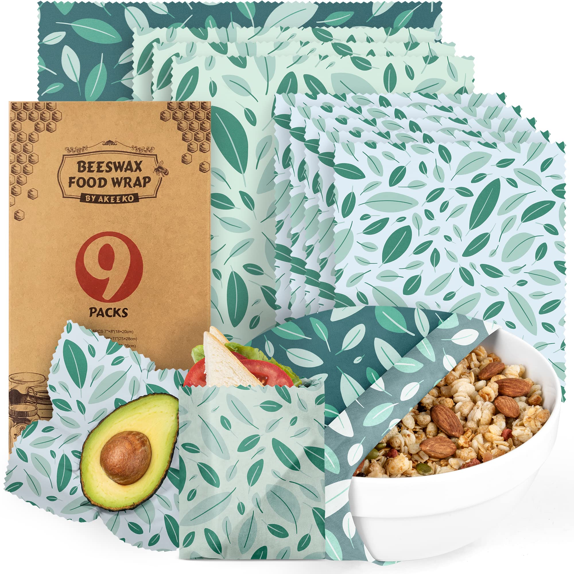Eco-Friendly Beeswax Food Wraps Set of 9 - Reusable & Plastic-Free Food Storage (5 Small, 3 Medium, 1 Large) with Boho Leaves Design - Perfect for Sandwiches, Fruits & Leftovers