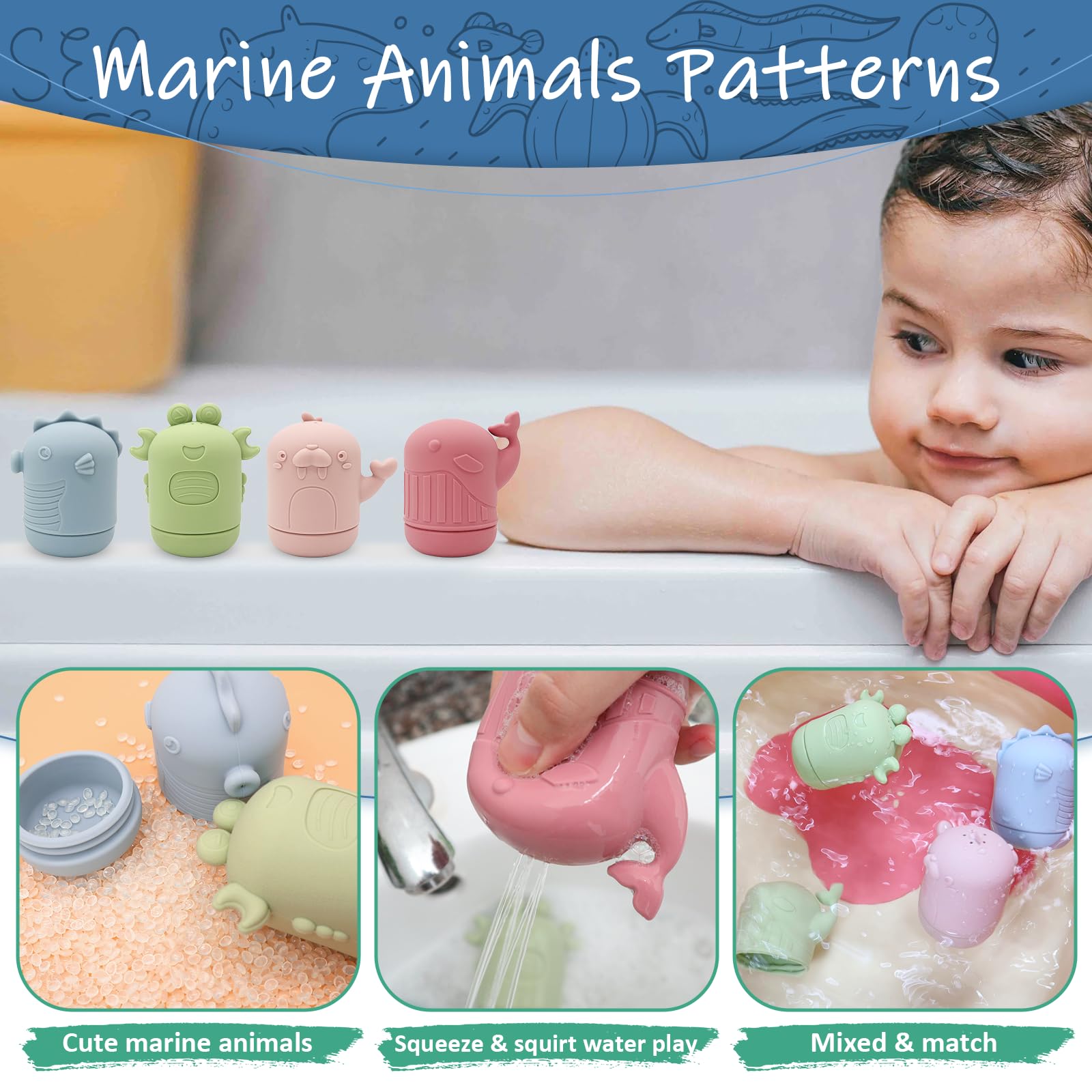 **Iselyn 4-Pack Non-Toxic Silicone Baby Bath Toys for Toddlers 1-3 Years – Marine Animal Shapes, Mold-Free & Dishwasher Safe – Fun Bathtime Learning for Kids**    *(Perfect for Sensory Play, Early Learning, and Making Bath Time Enjoyable!)*