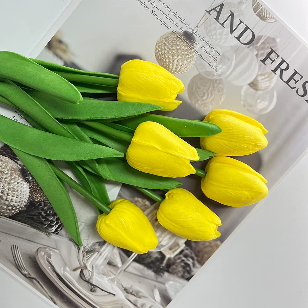 10 Pcs Realistic PU Touch Tulips Artificial Flowers - Yellow Fake Tulip Bouquets for Home, Office, Wedding Decor | Perfect for Centerpieces, Table Arrangements & Spring Party Decorations