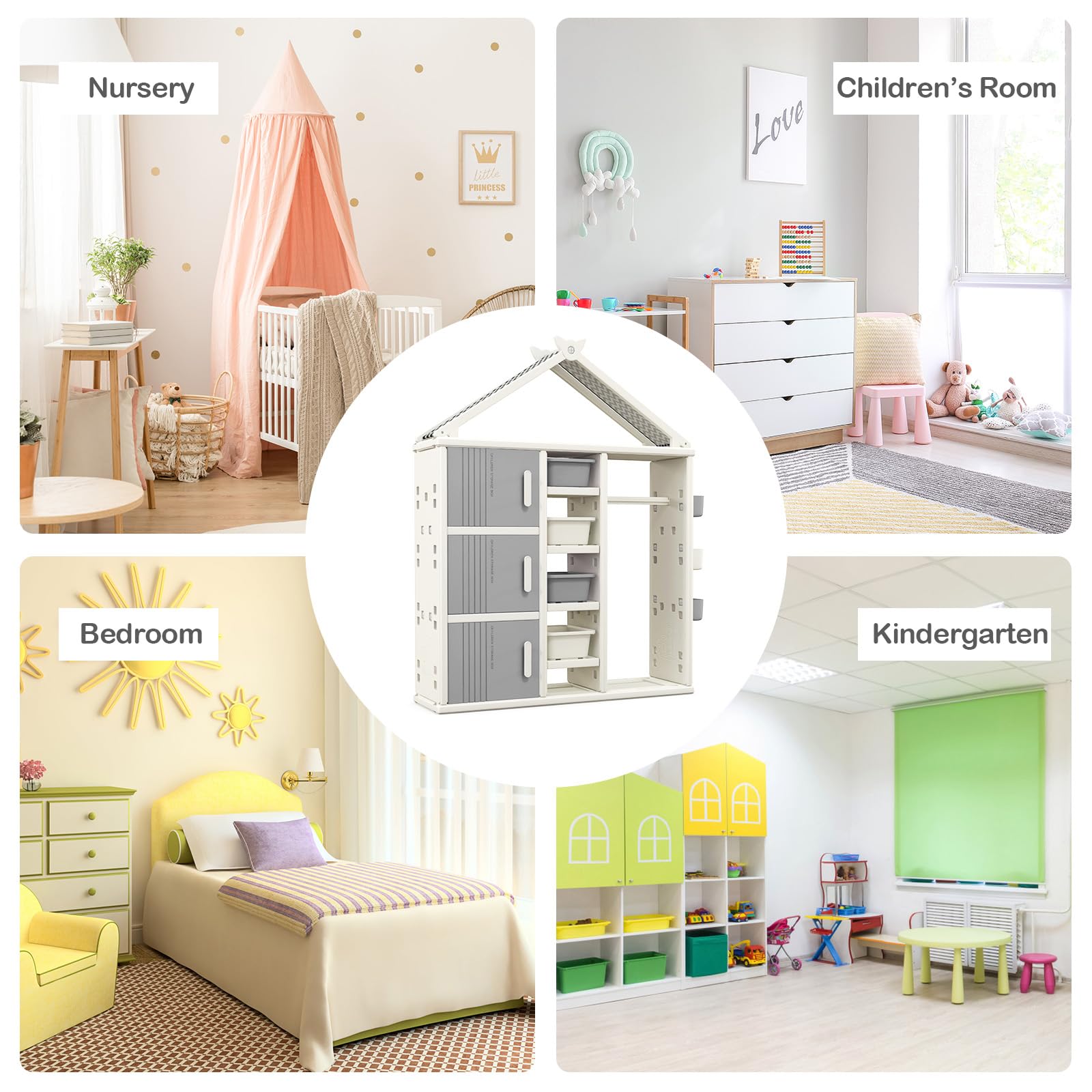 Costzon Kids Dress Up Storage Closet - Hanging Armoire with Bins, Shelves & Baskets, Grey Wardrobe for Girls Bedroom | Perfect for Organizing Costumes, Toys & Clothes in Playroom or Nursery